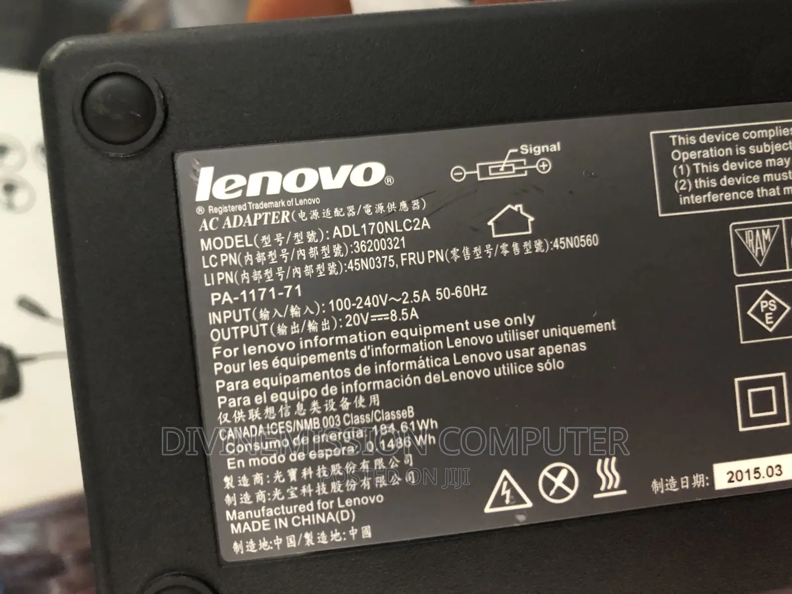 Original Lenovo Usb Charger .20v,8.5A. 170W