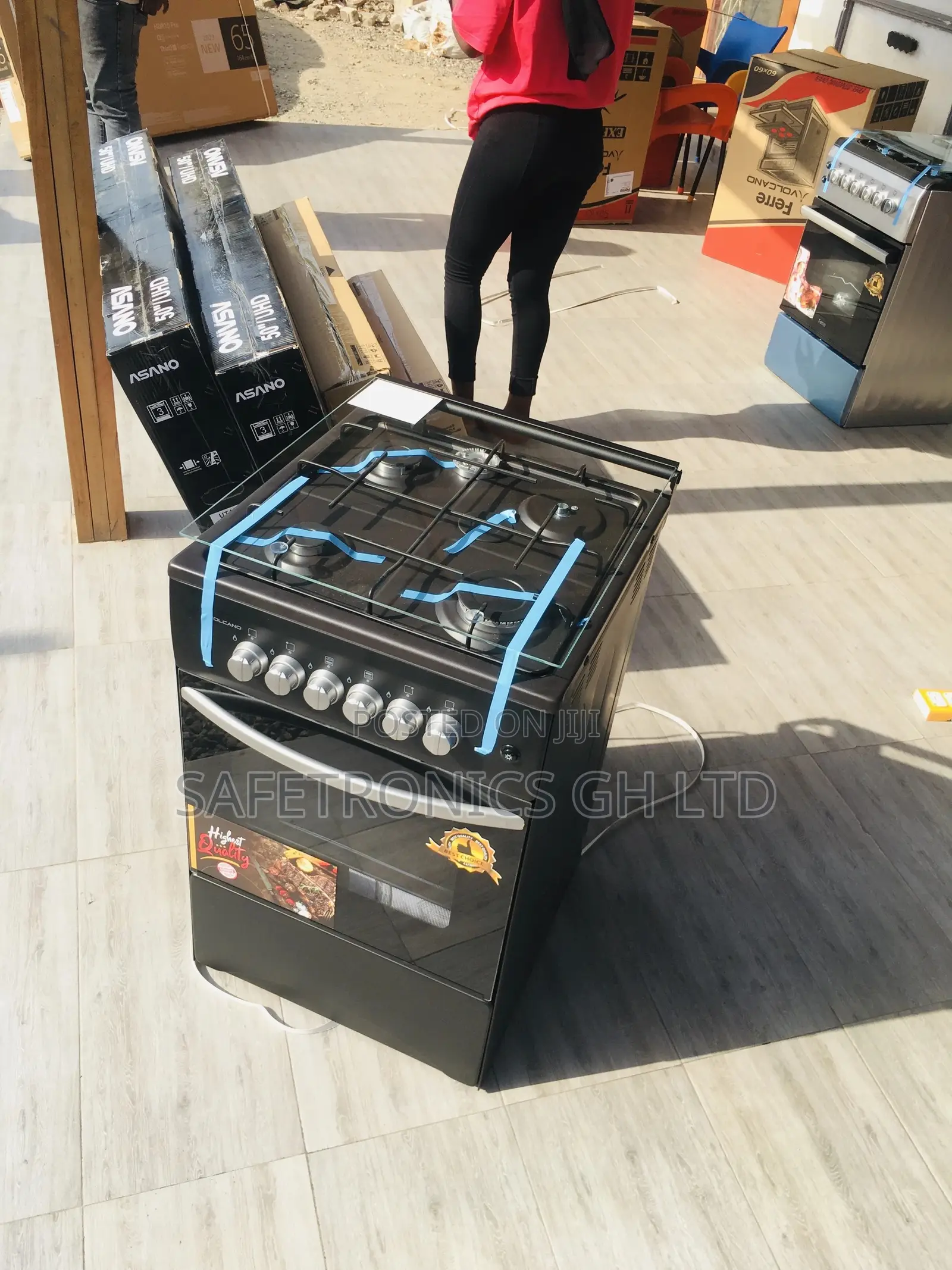 Glass Lid Oven With Grill 4 Gas Cooker 50x50 Black Volcano