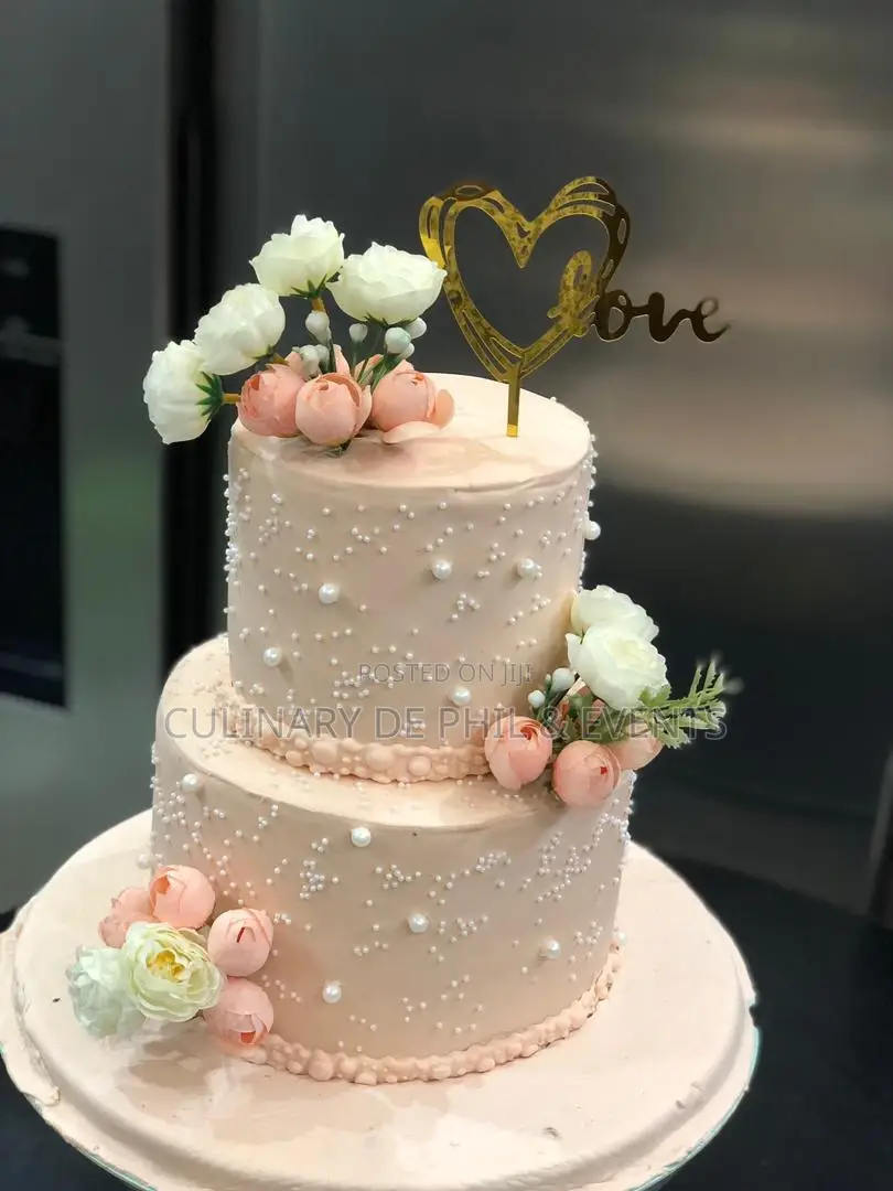Peach With Pearls Wedding Cake