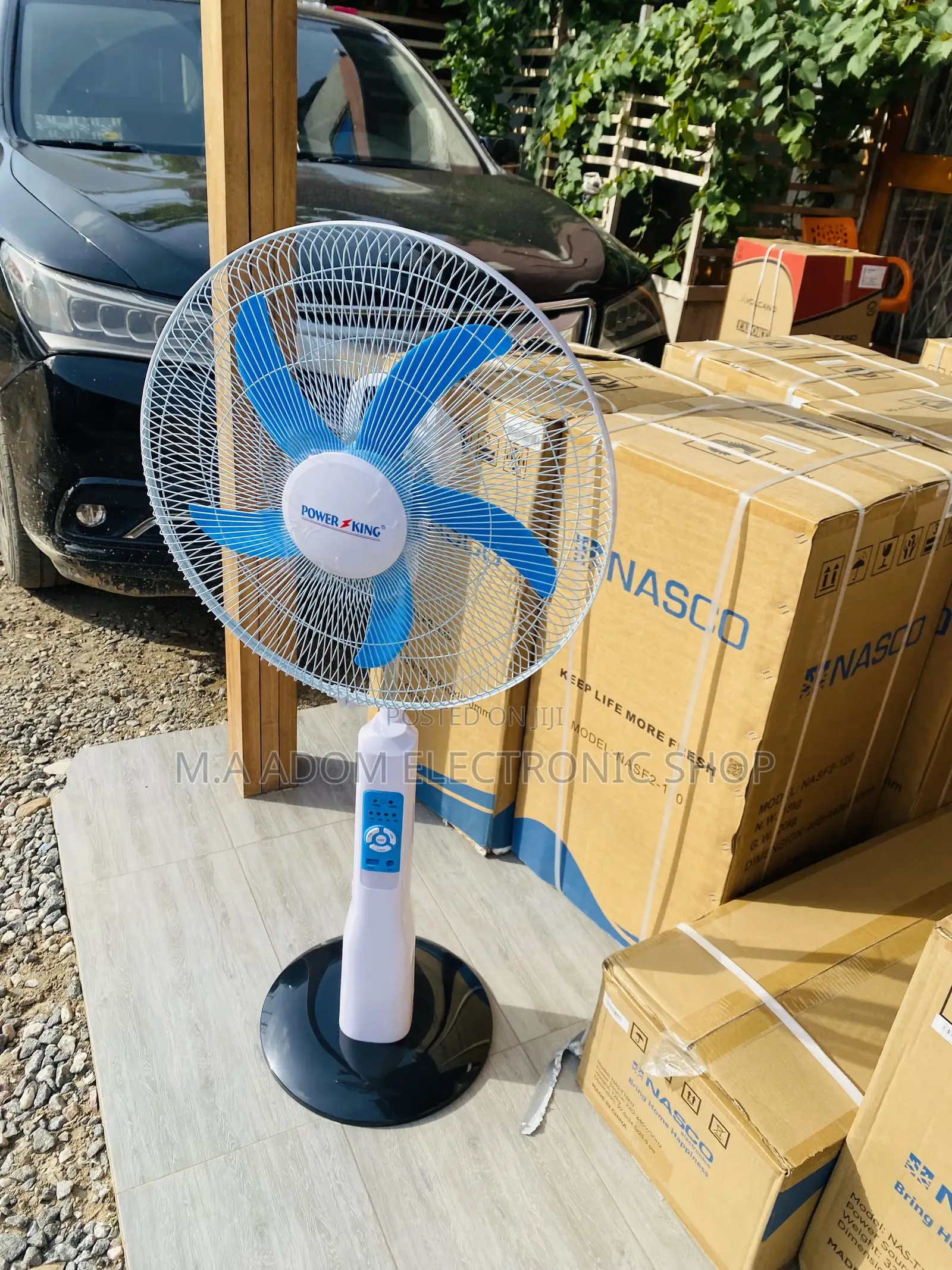 Power King Rechargeable Standing Fan With Remote Control.