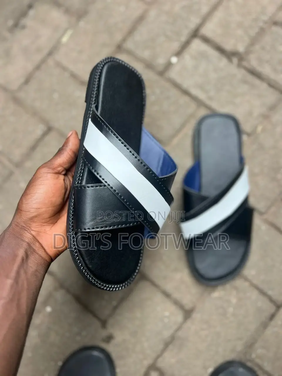 Black Leather With White Layer Slippers