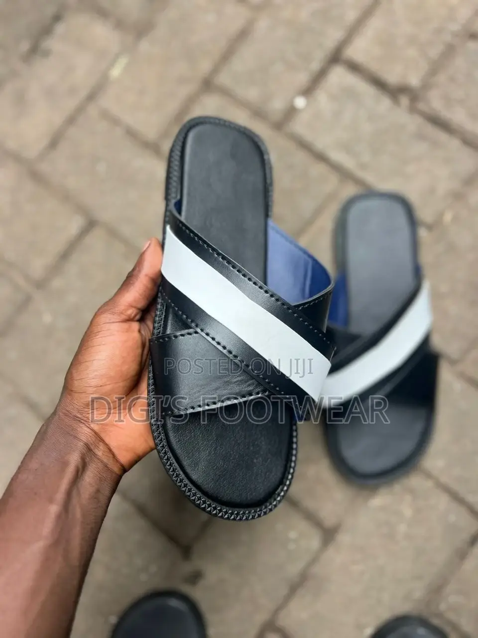 Black Leather With White Layer Slippers