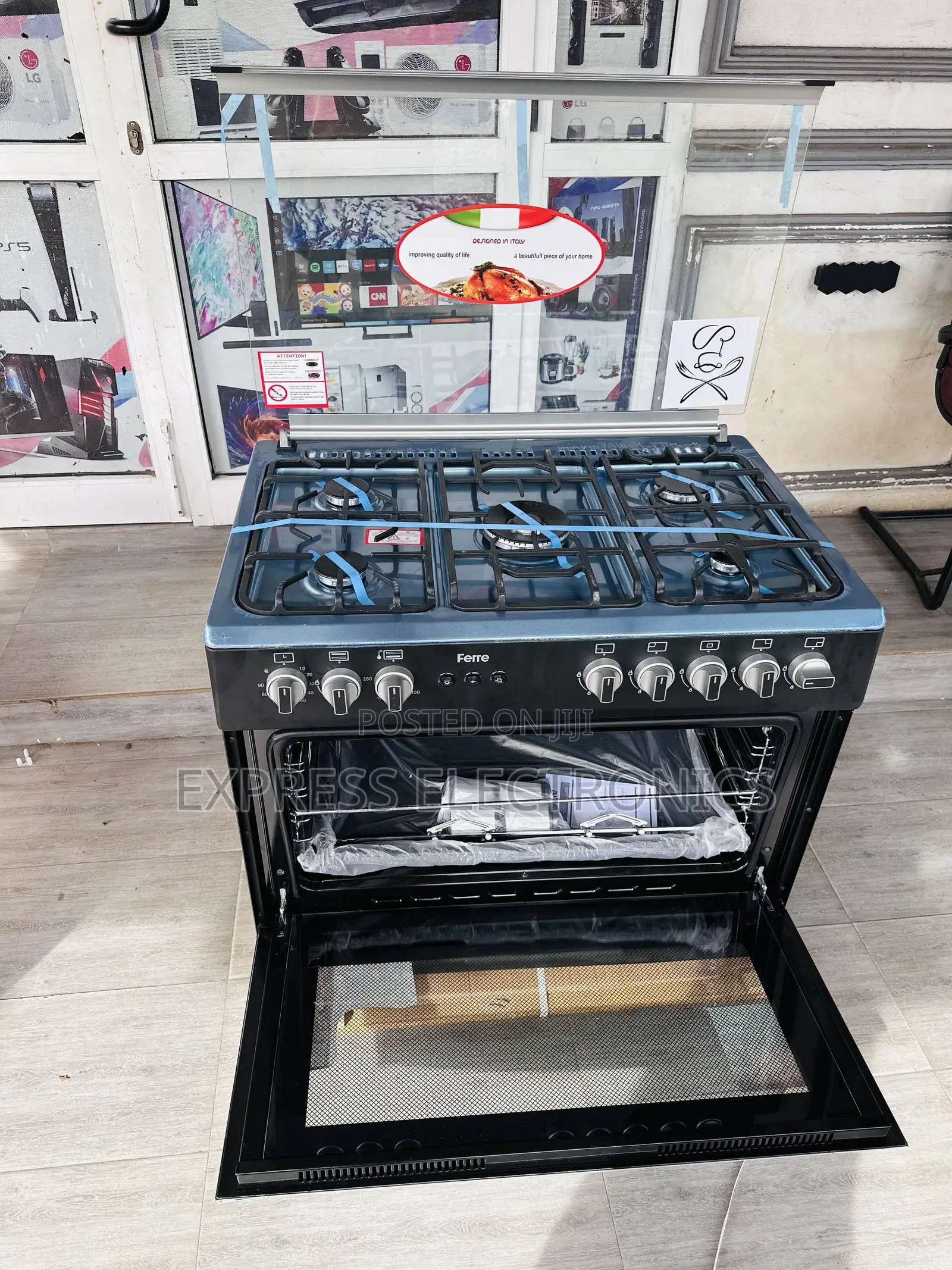60/90 Gas Cooker Oven Grill 5burner Ferre Black Shine.