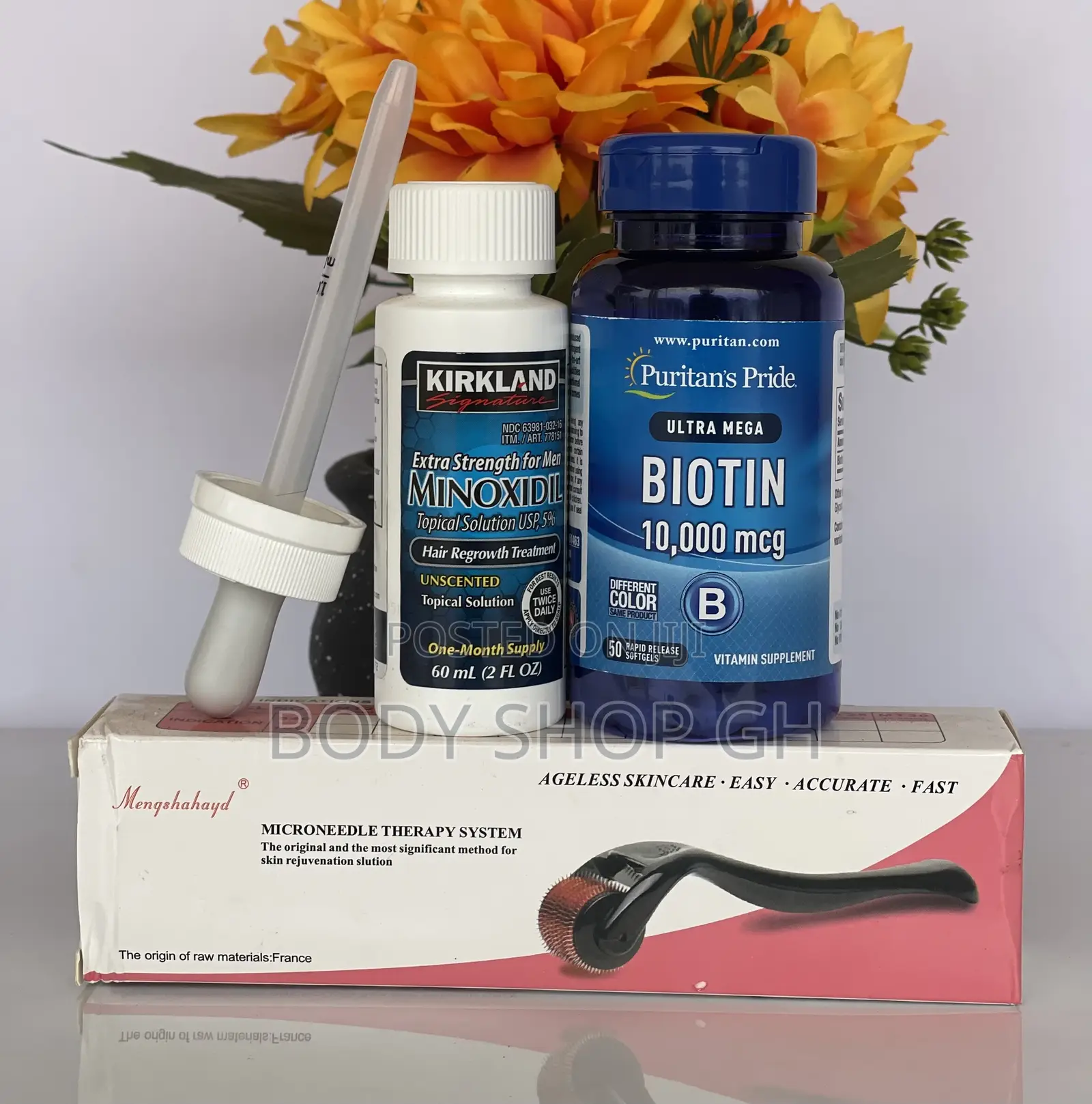 Biotin ( 10,000mcg) + Kirkland Minoxidil + Derma Roller
