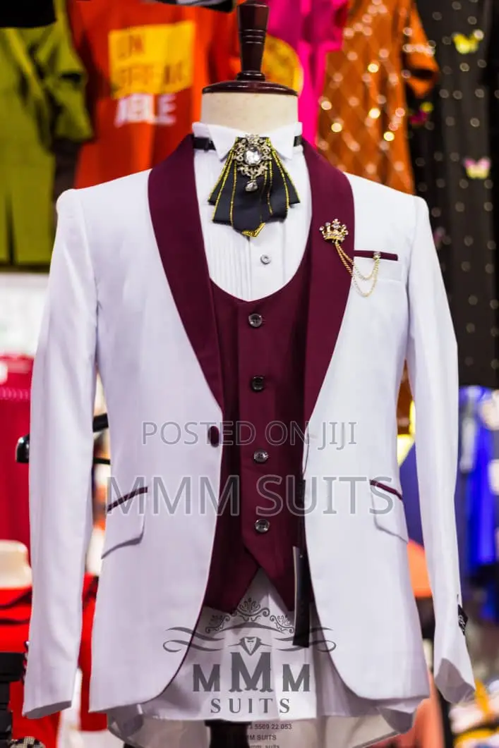 3-Piece White and Wine Tuxedo Men Suit