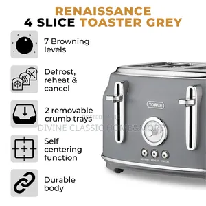 Tower Renaissance 4 Slice Bread Toaster, Grey