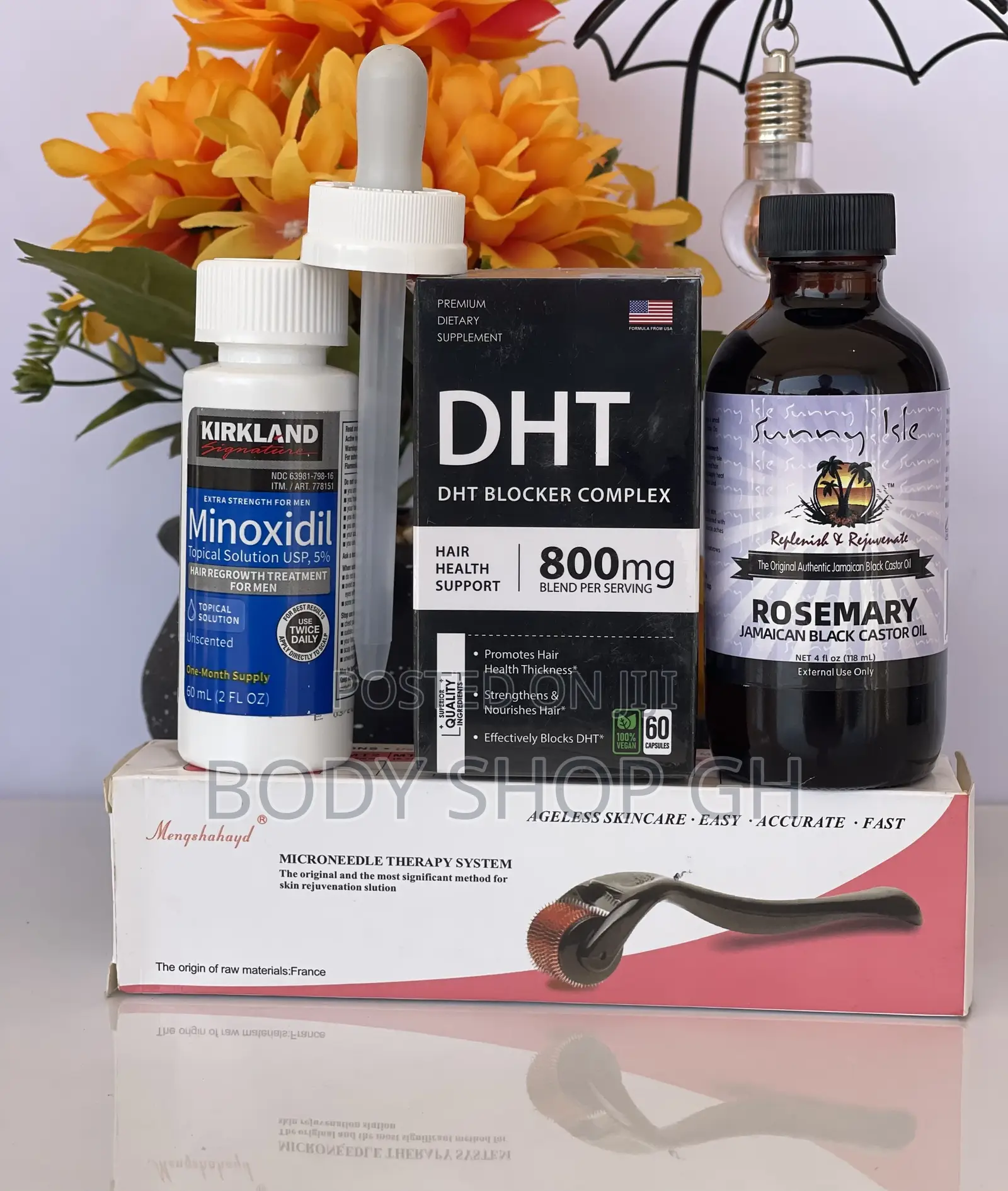 Kirkland Minoxidil + Derma Roller + Rosemary Oil + DHT Block