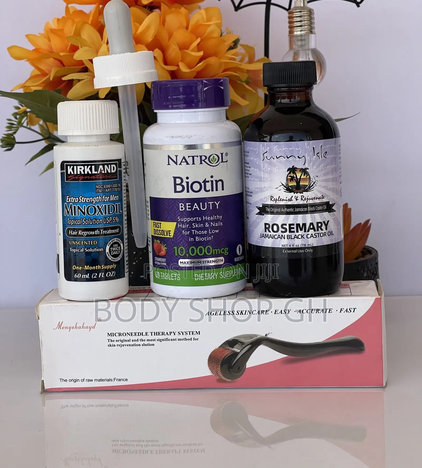 Natrol Biotin + Kirkland Minoxidil + Rosemary Oil + Roller