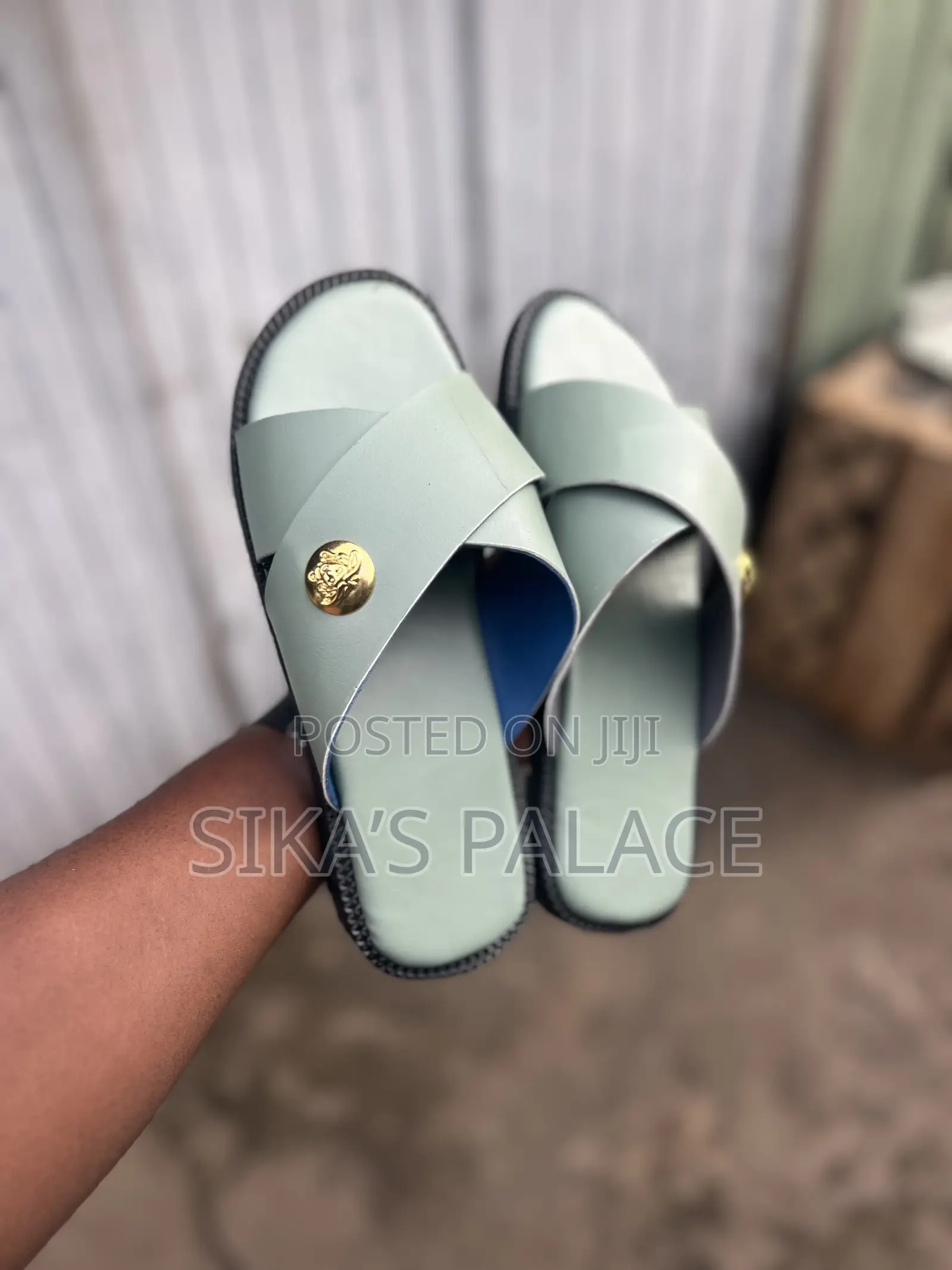 Light Green Leather Slippers