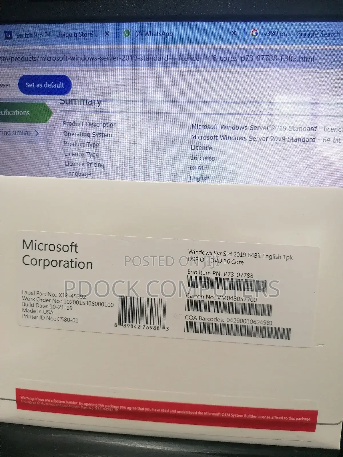 Windows SVR STD 2019 64bit English 1pk DSP OEI DVD 16 Core