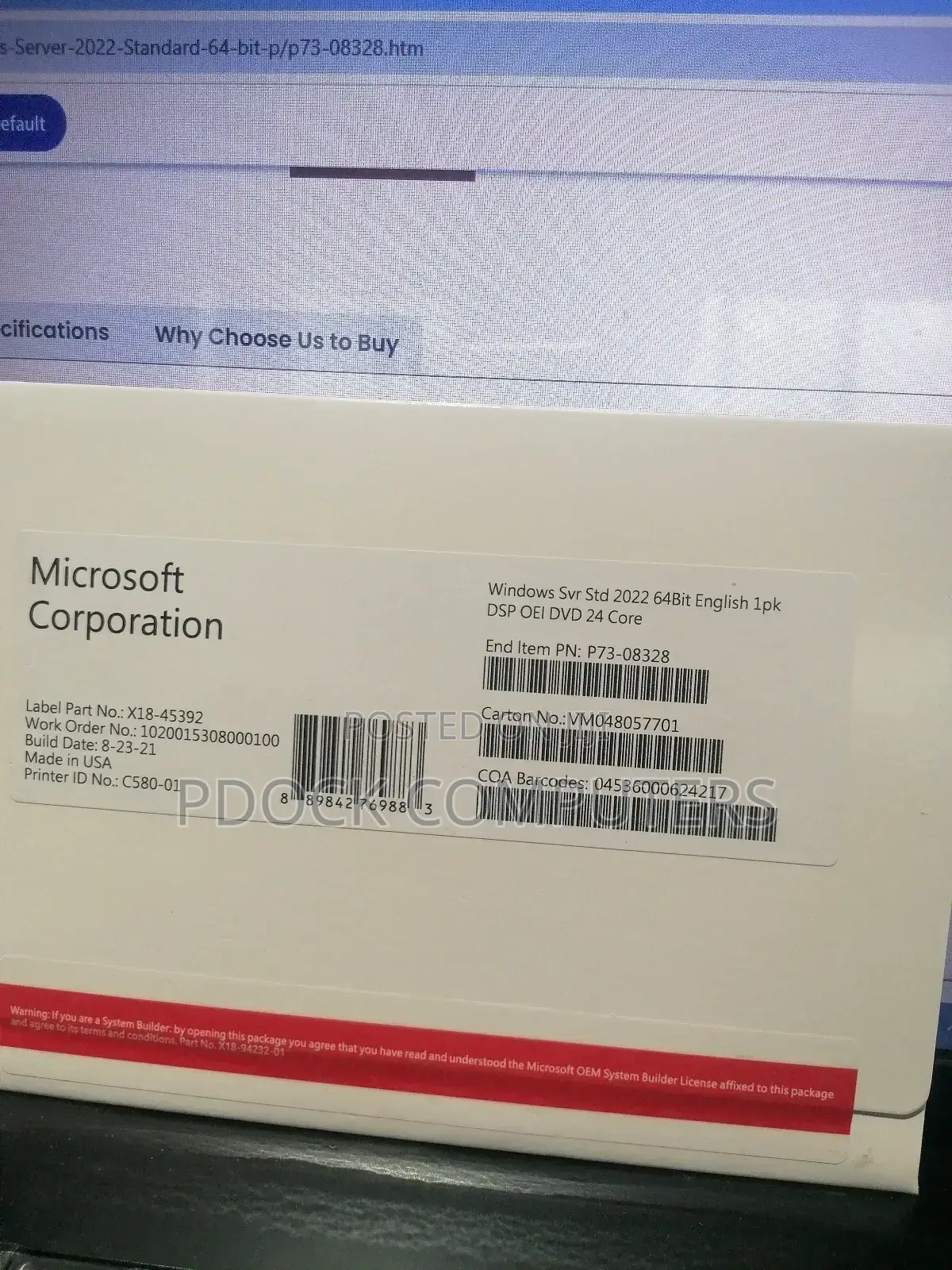Windows SVR STD 2022 64bit English 1pk DSP OEI DVD 24 Core