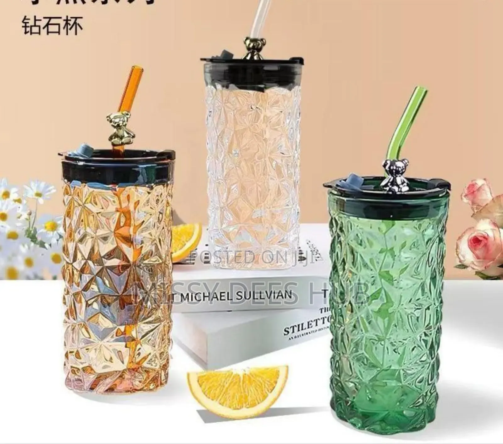 Cute Bear Glass Cup With Lid + Straw - 400ml