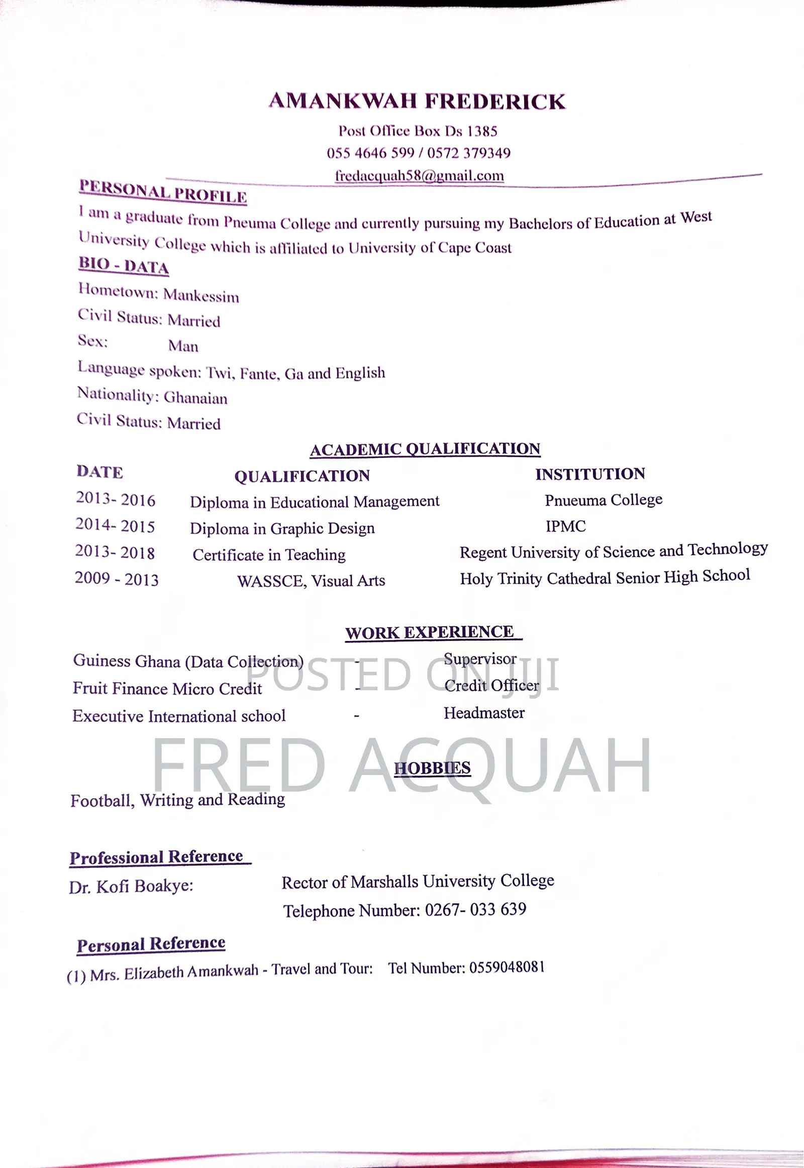Application for Position as a Waiter