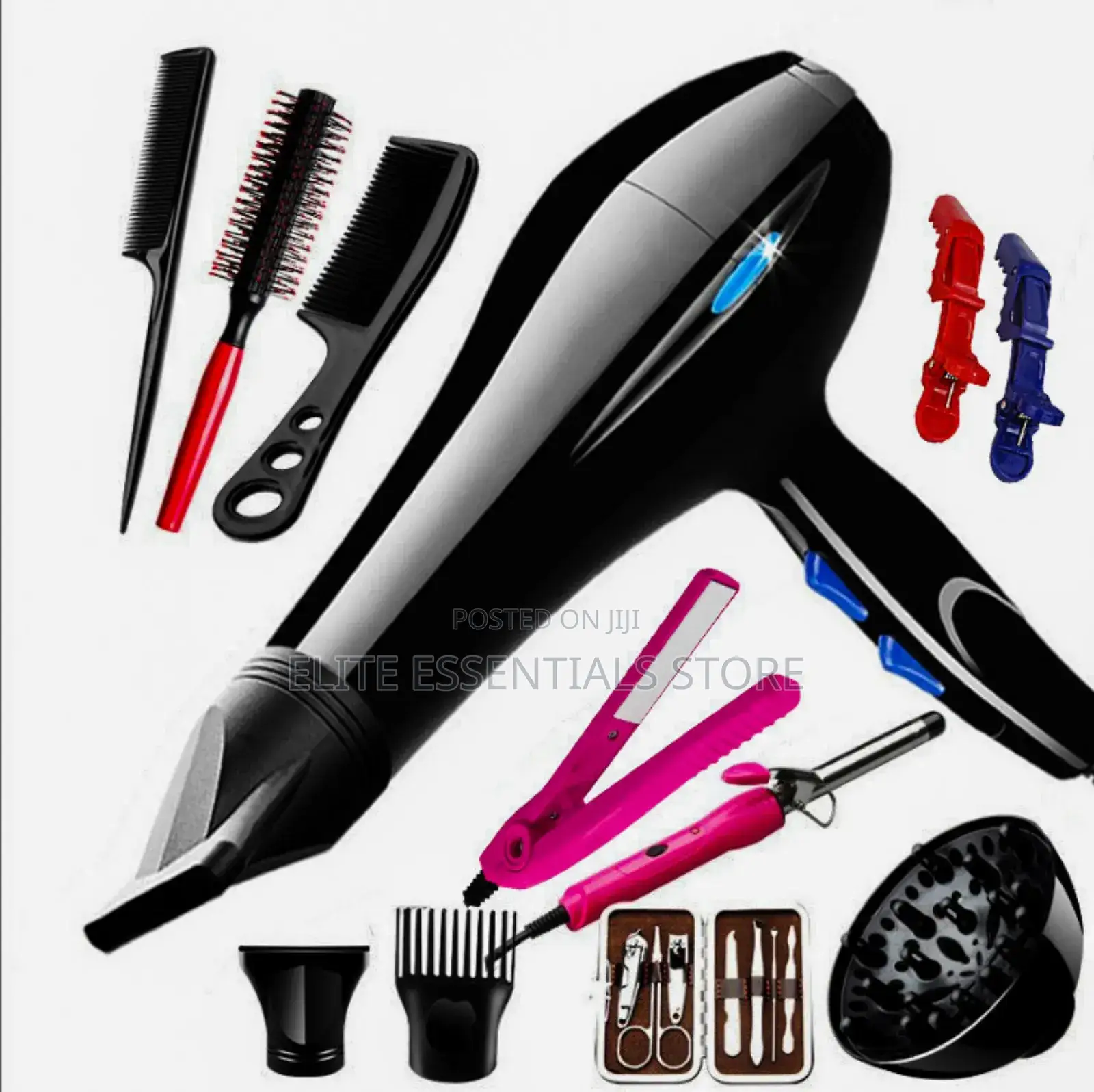 6 in 1 Hair Dryer, Straightener, Curler, Combs and Nail Care