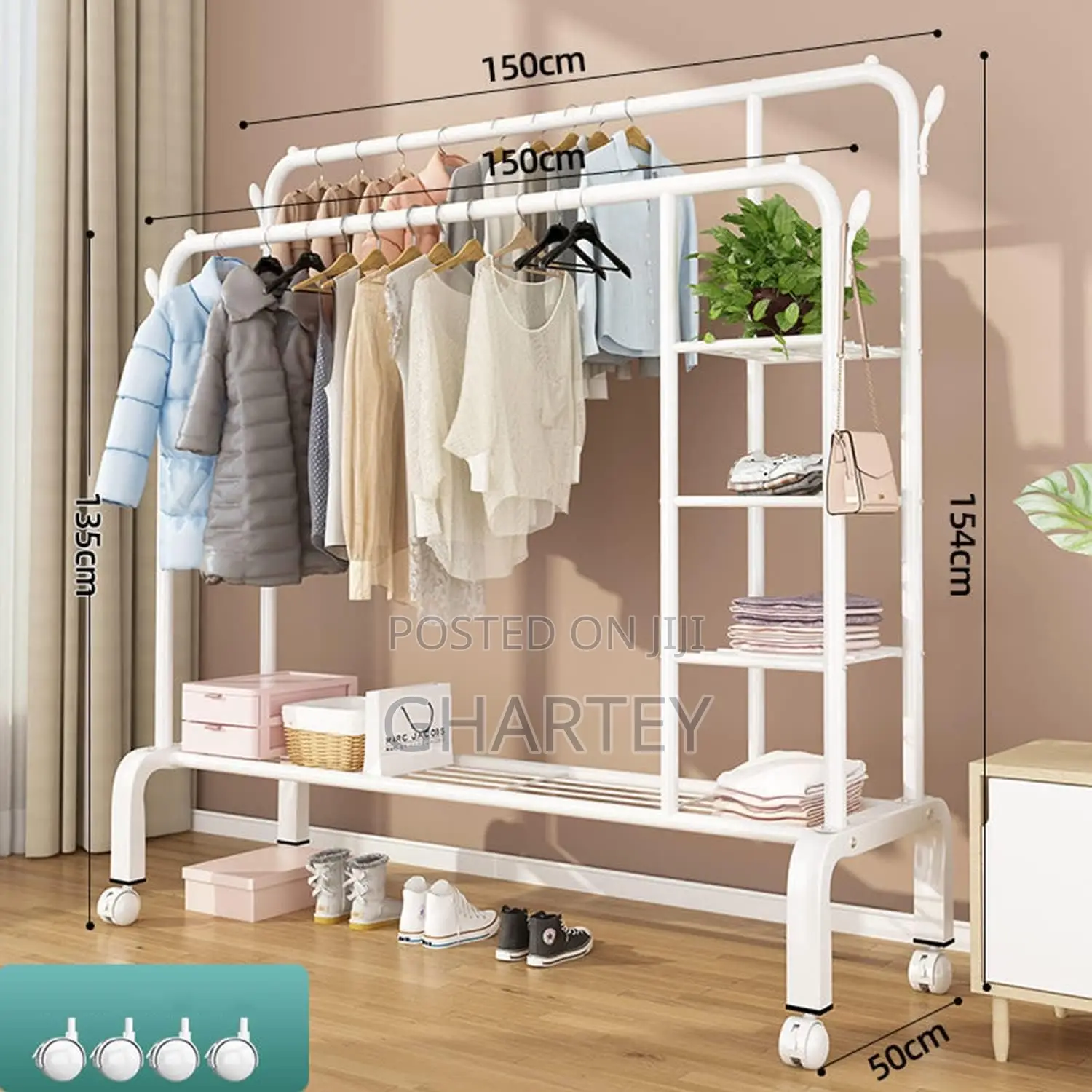 Double Metal Hanging Rail Clothes Rack With Shelves White