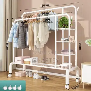 Double Metal Hanging Rail Clothes Rack With Shelves White