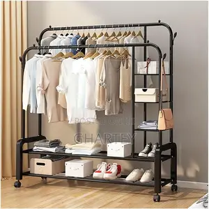 Clothes Metal Hanging Rack With Shelves Black
