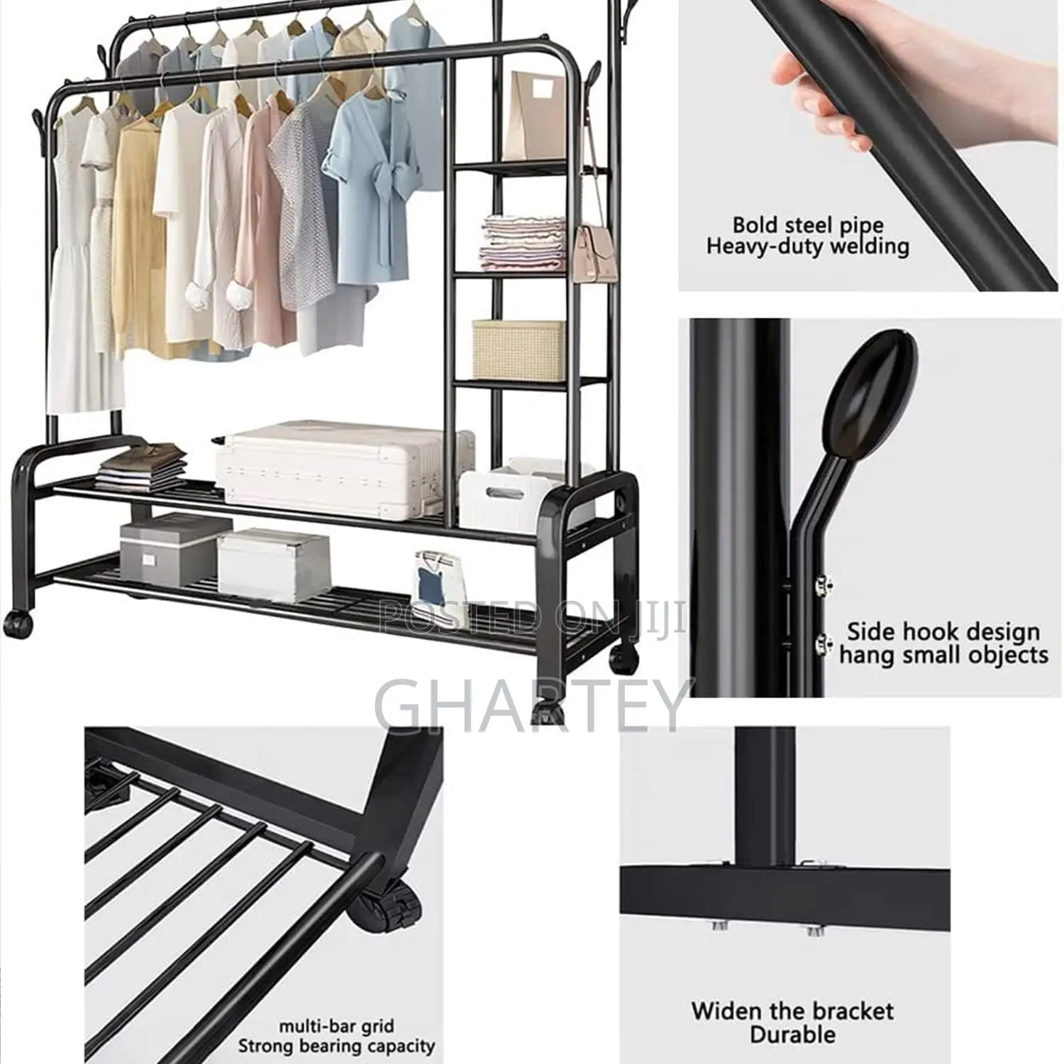 Clothes Metal Hanging Rack With Shelves Black