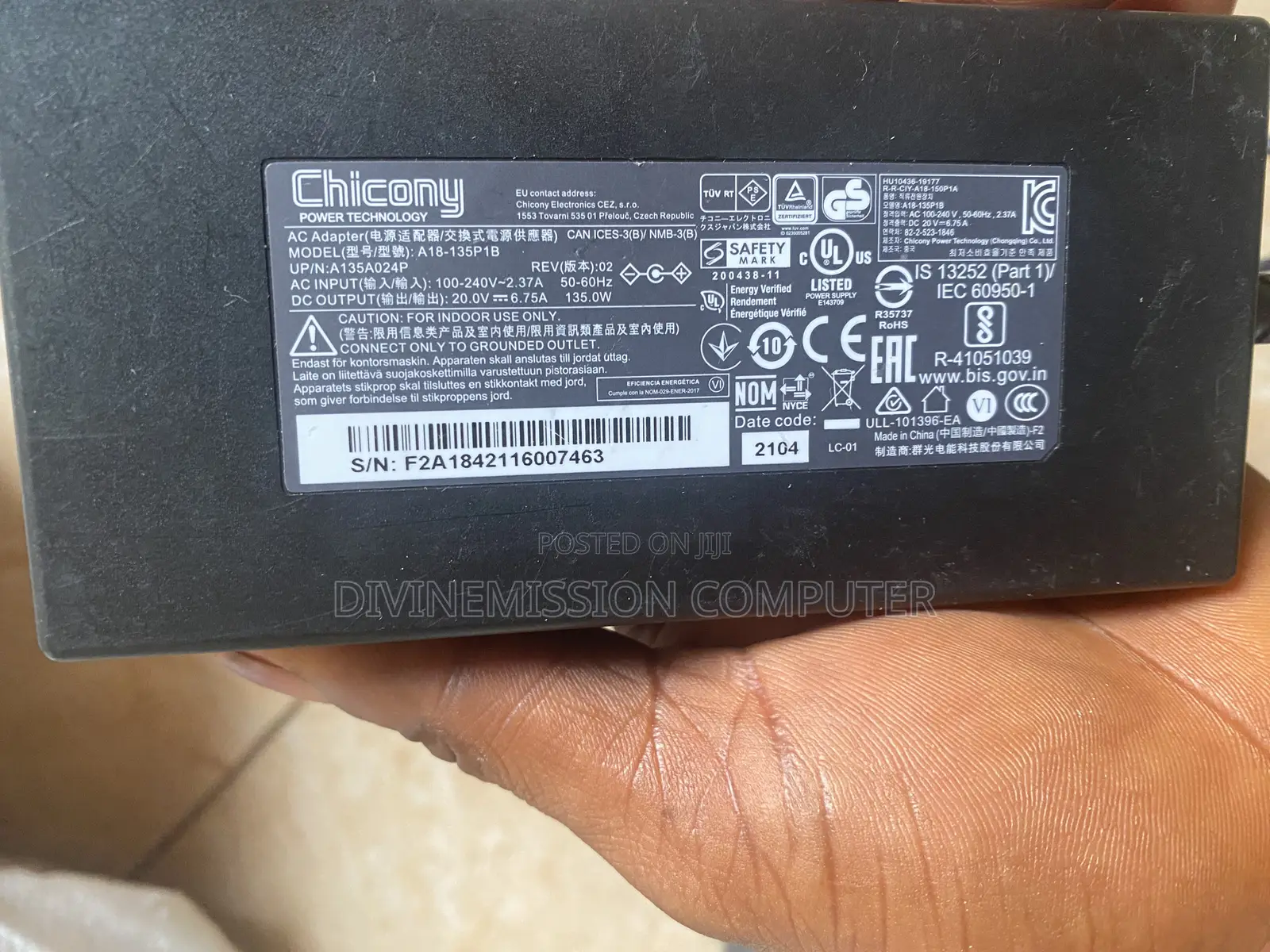 Original Chicony Ac Adapter 20v=6.75A, 135w