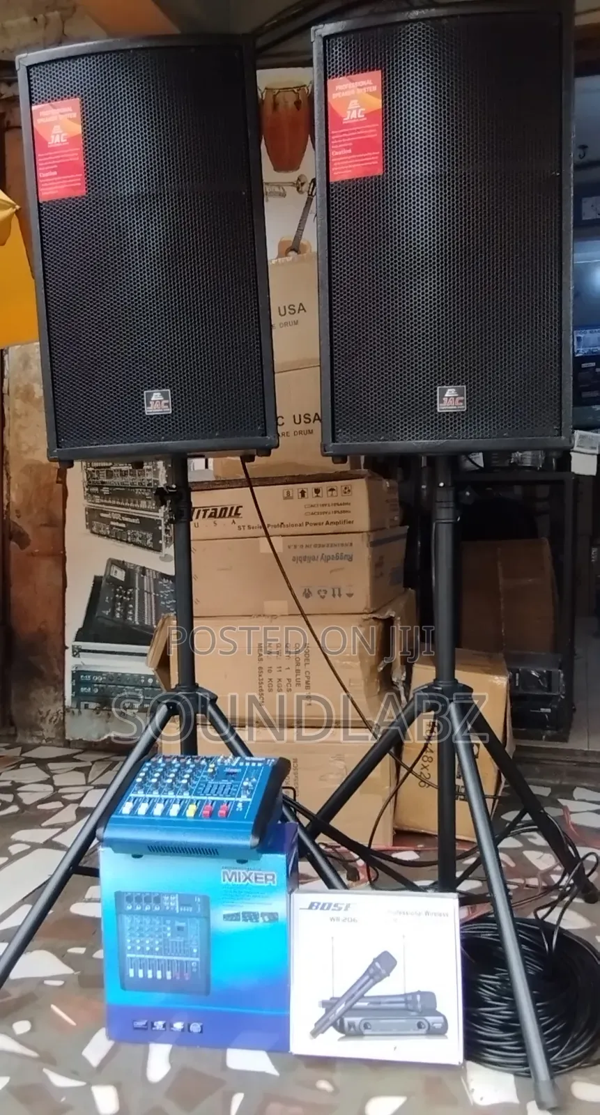 JAC Half Range Speakers With Powered Mixer, Stand and Cables