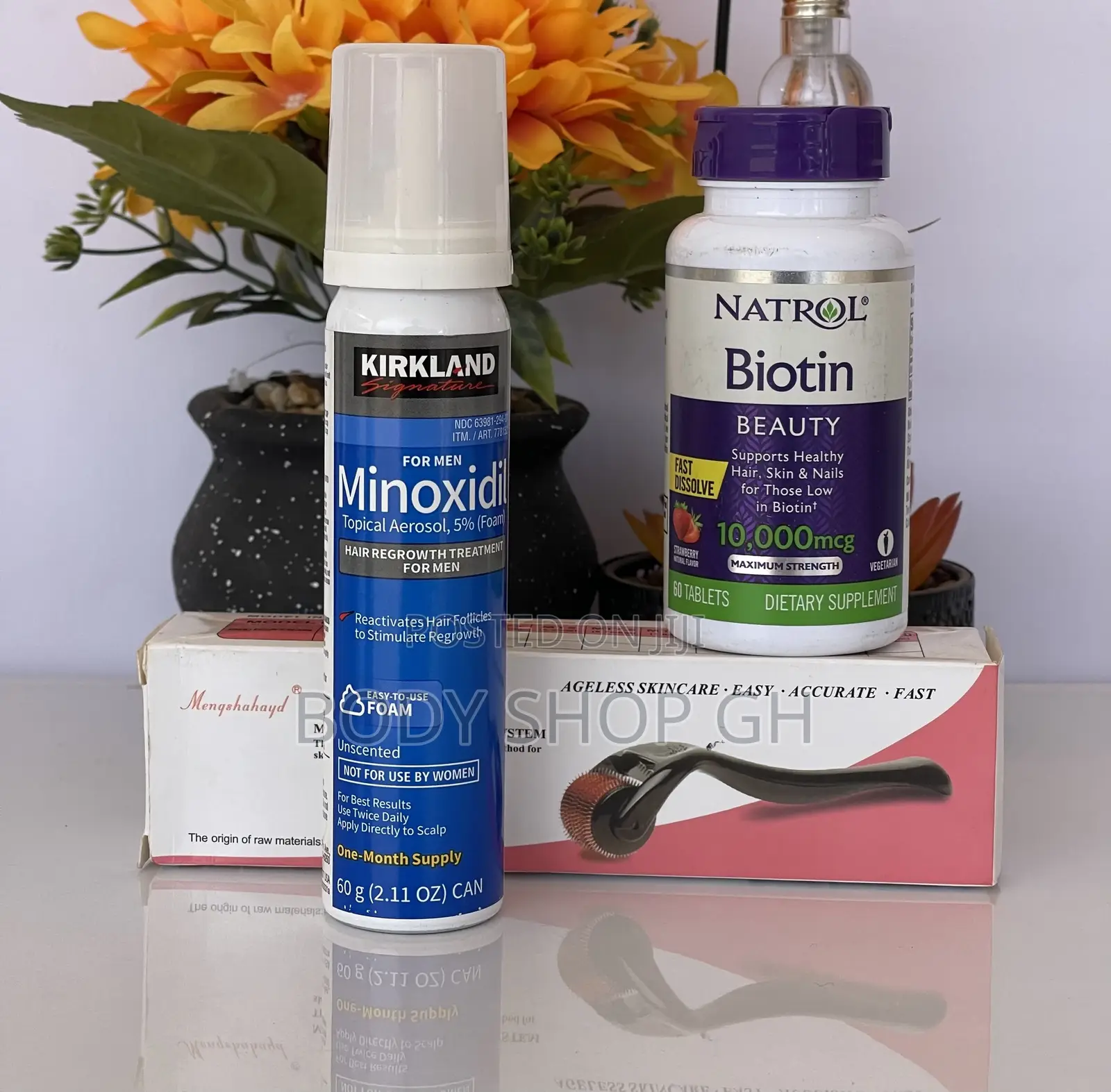 Kirkland Minoxidil Foam + Natrol Biotin + Derma Roller