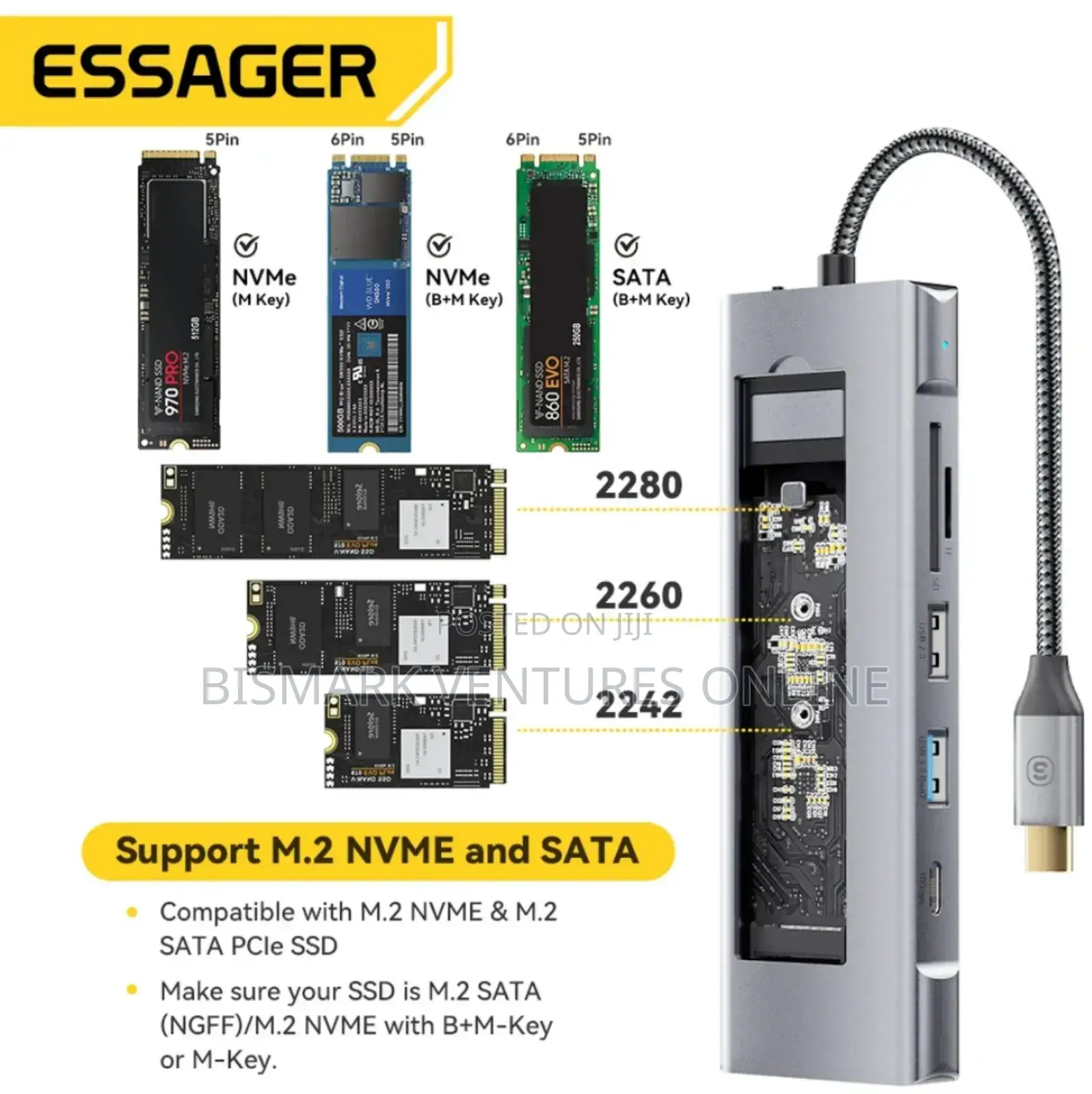 ESSAGER 8-in-1 USB-C Hub Integrates M.2 Nvme/Sata SSD.