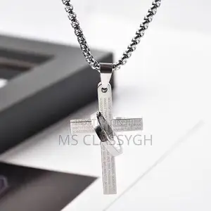 Retro Christian Titanium Scripture Cross Necklace Men Boys S