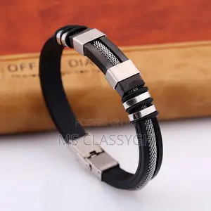 Mens Stainless Steel Bracelet Silicone Black Wristband Punk