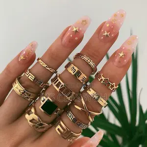 13pcs Exaggerated Punk Style Metal Ring Star Black Rin