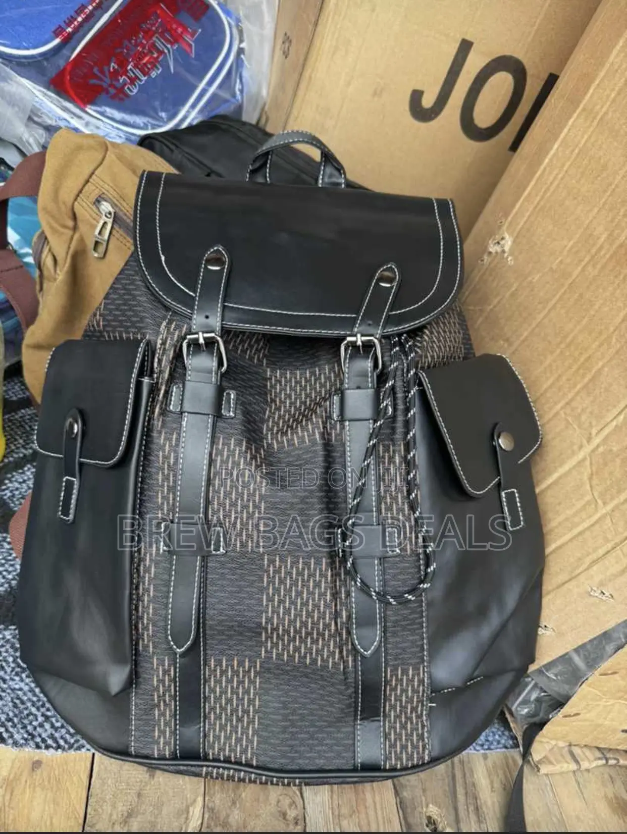 Original Pure Leather Lv Black Durable Two Strap Backpack
