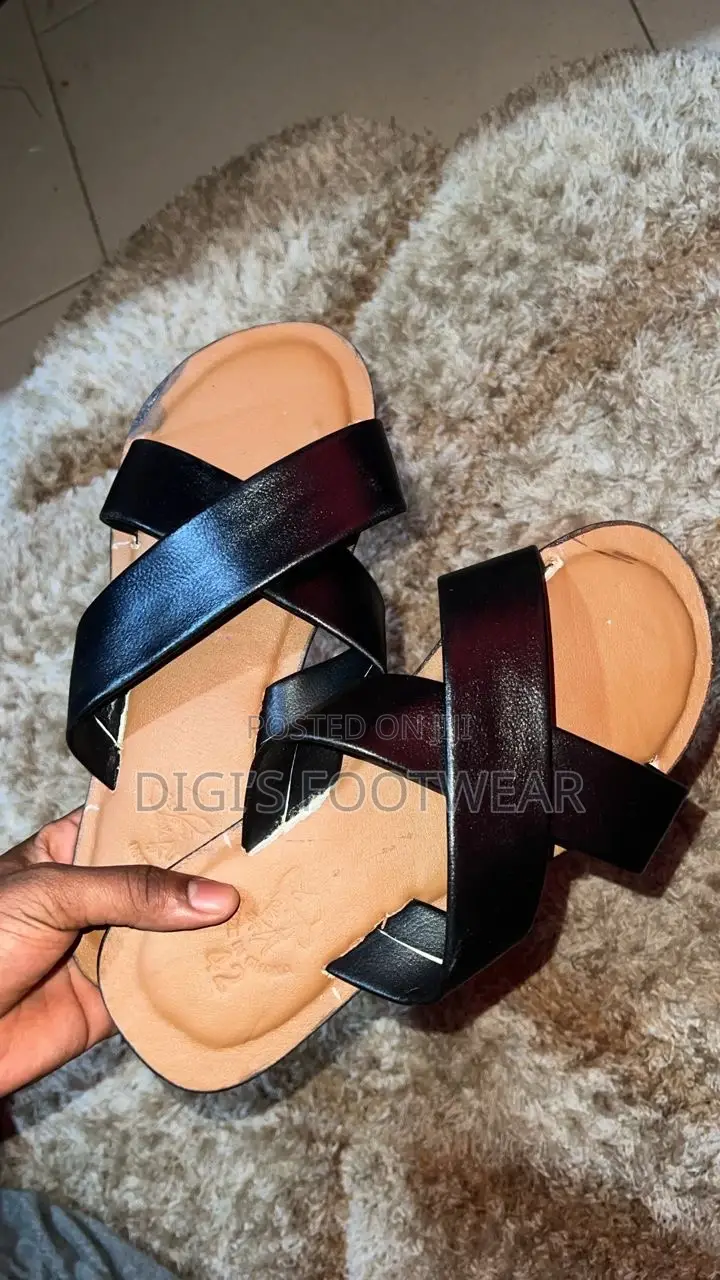Black Leather Crossed Slippers