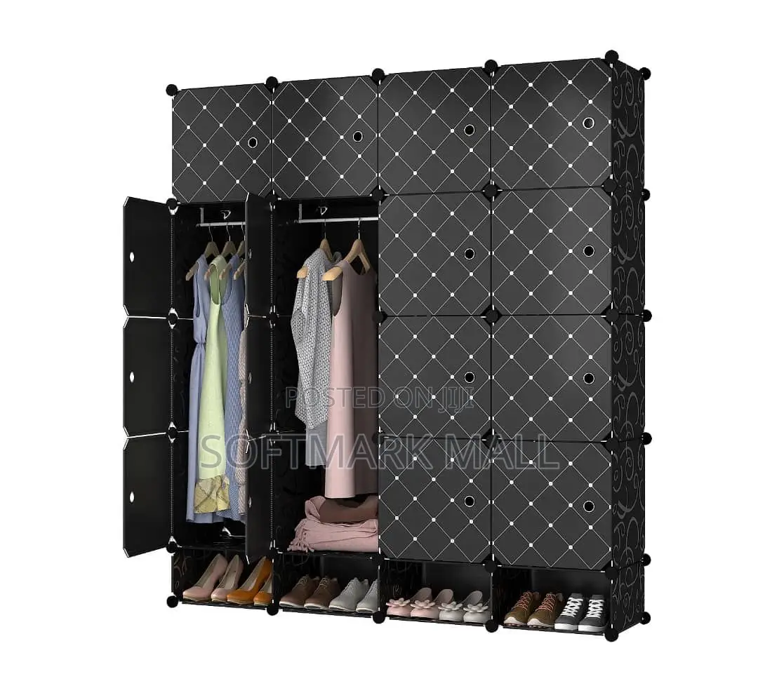 16 Cubes Wardrobe With Shoe Rack- Black