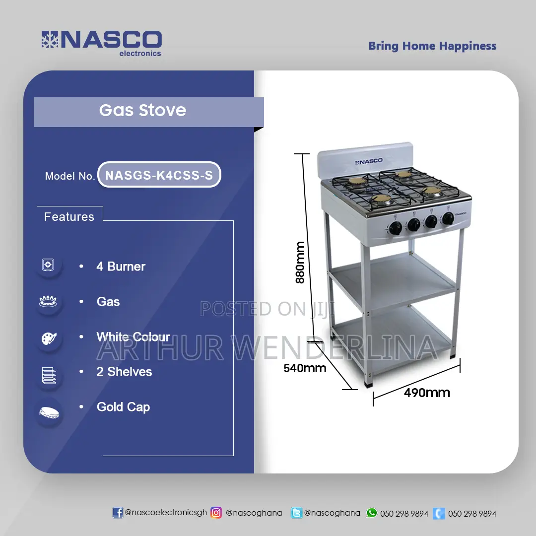 Nasco Stove 4 Burners With Support Leg Stand - White