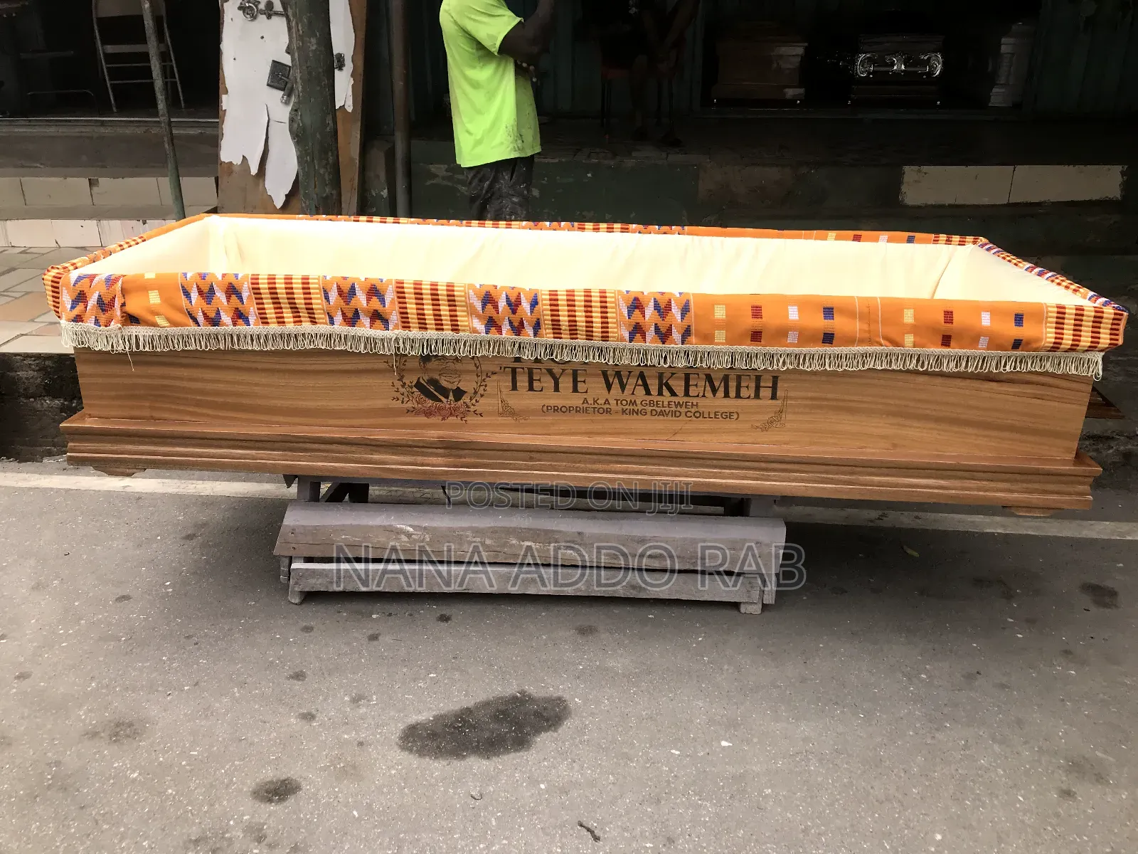 Original Kente Wood Casket With Glass on Top.Image at Side