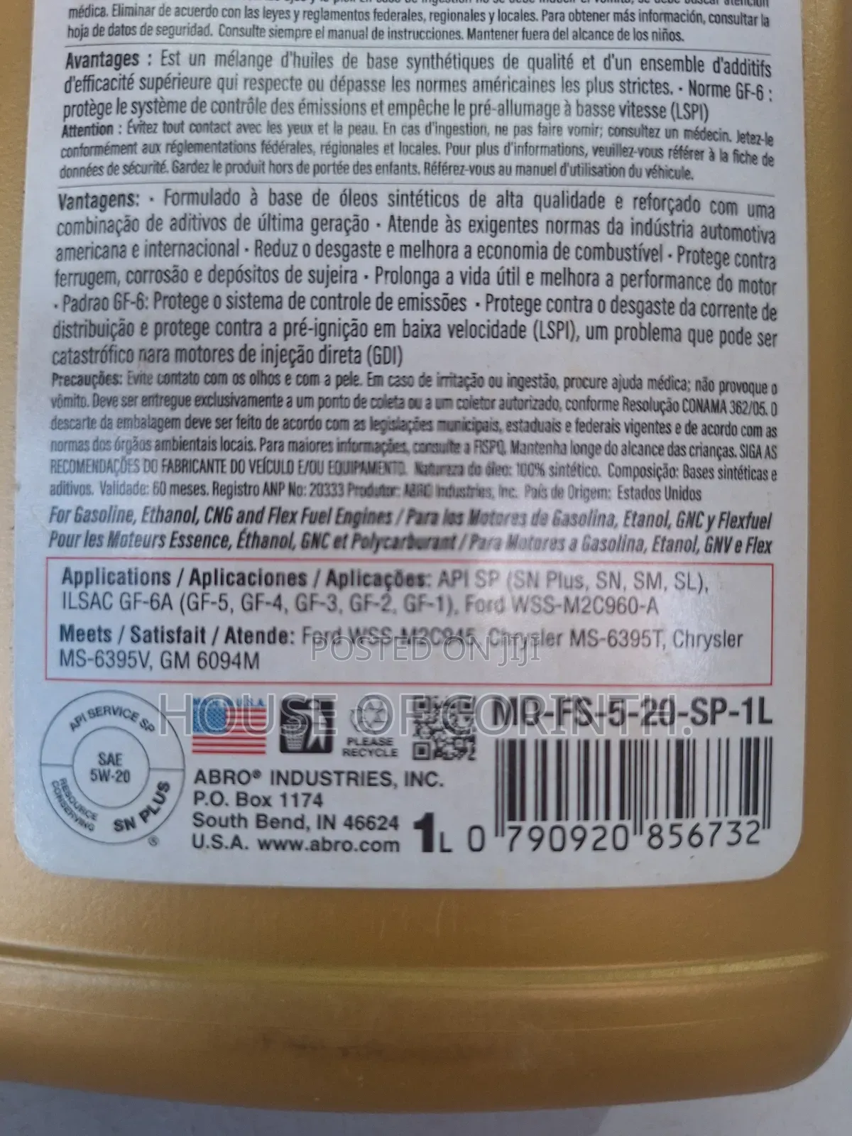 5W20 ABRO-USA, Synthetic Engine Oil 1L