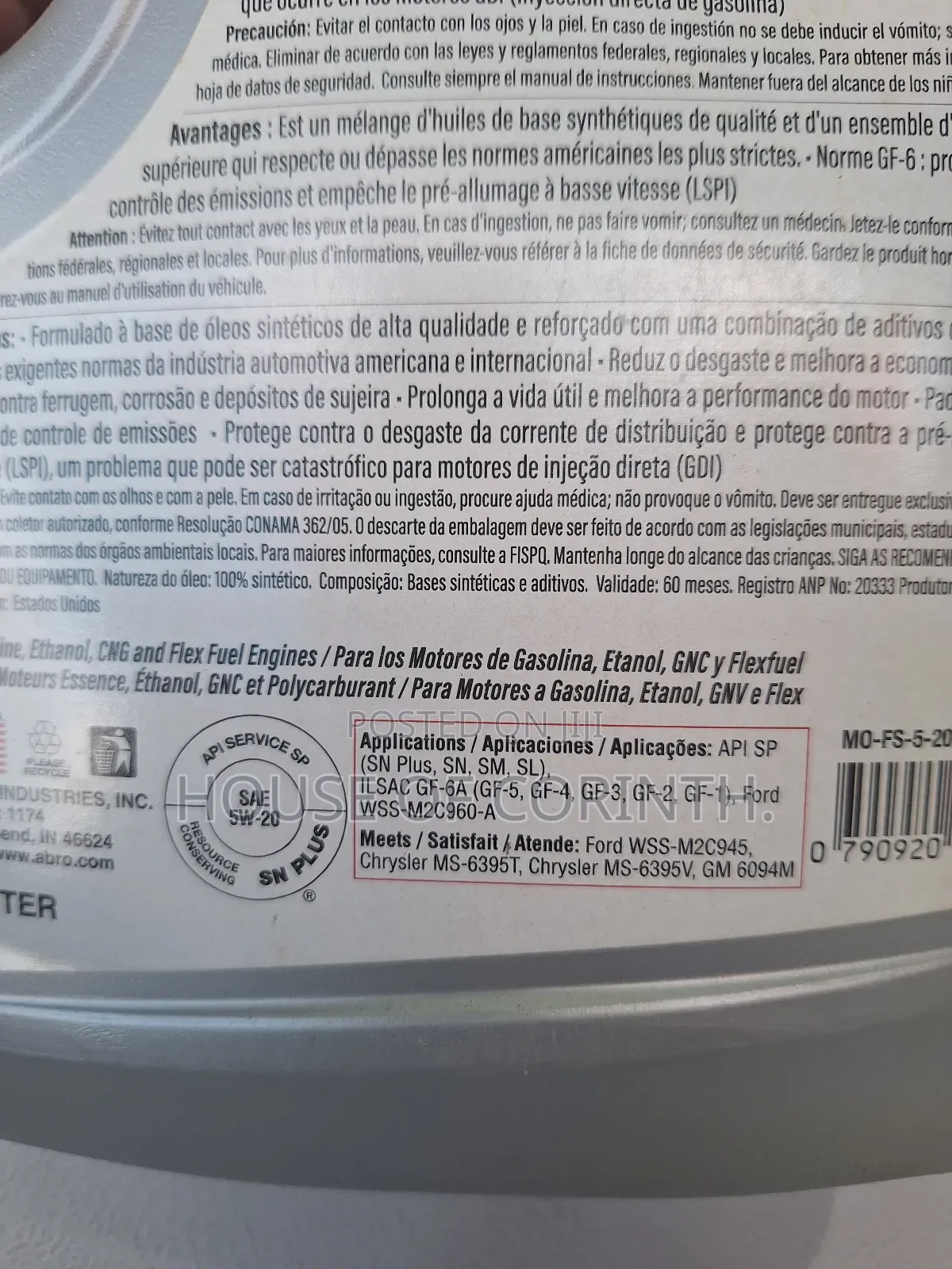 5W20 Synthetic Engine Oil. ABRO-USA 5L