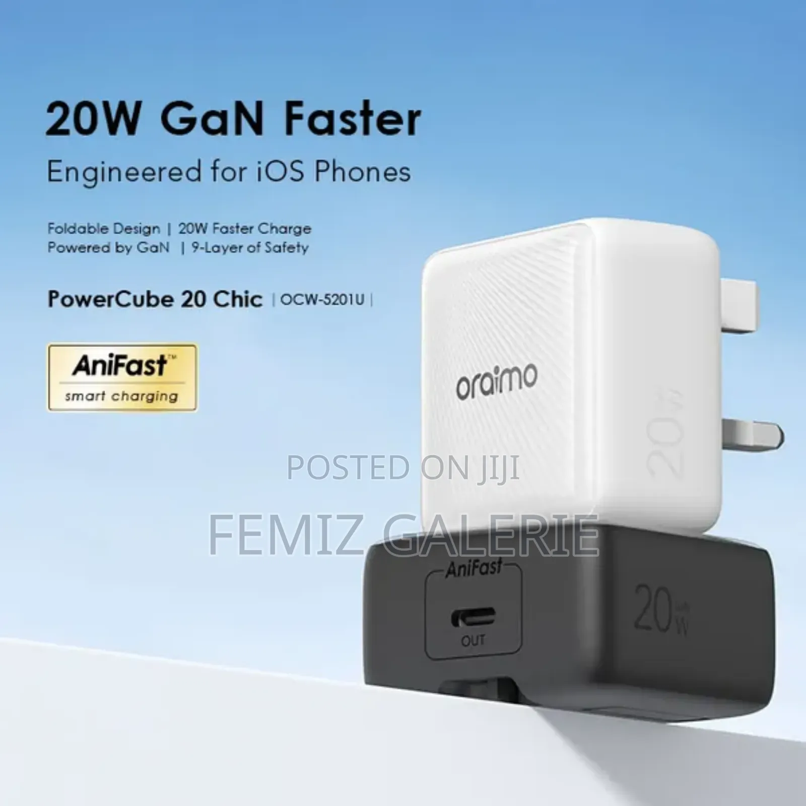 Oraimo 20w Powercube Charger + C-to-C/C-to-Lightning Cable