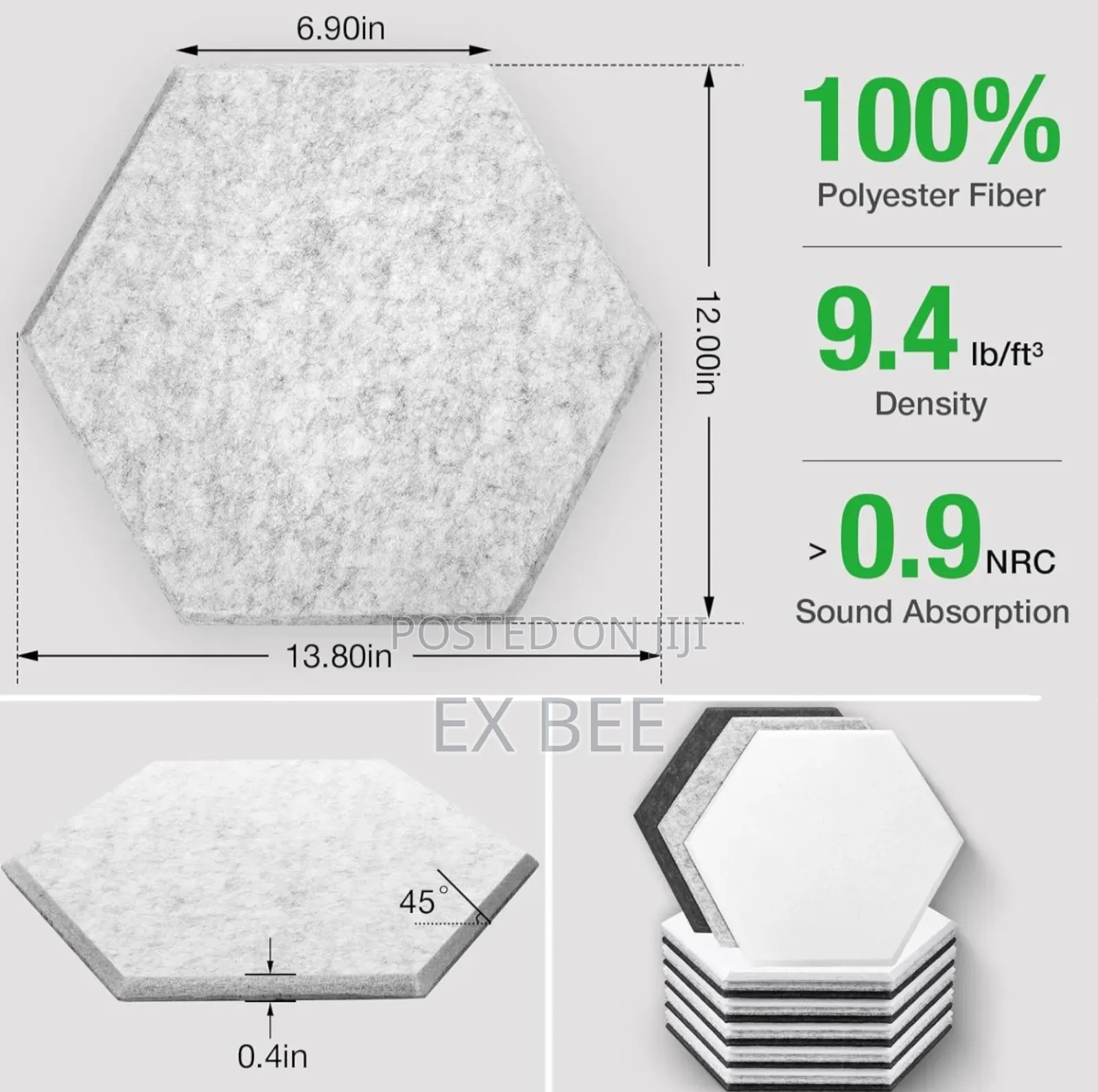 12pcs Hexagon Acoustic Panels Soundproofing Padding
