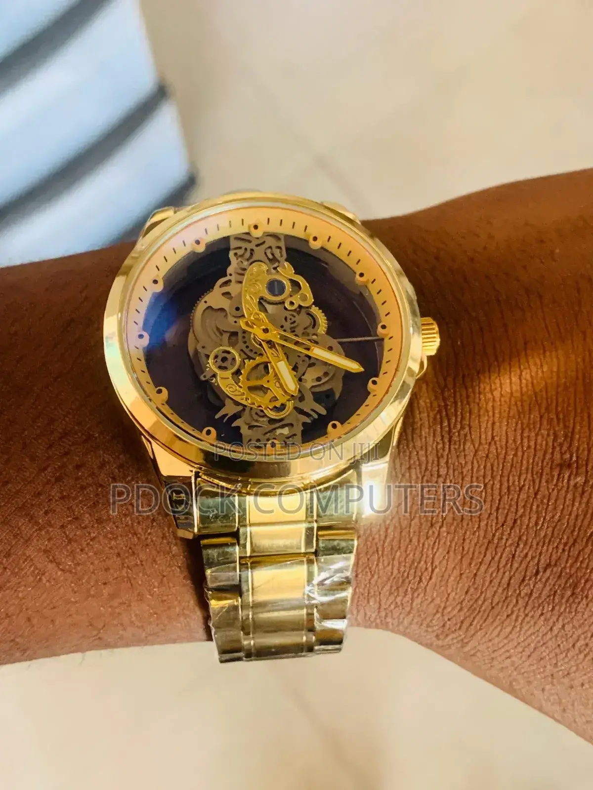 Luxury Men's Stainless Steel Skeleton Gold Tone Wrist Watch