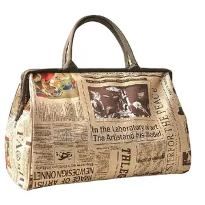 Retro Travel Luggage Handbag Newspaper Printing Vintage Top-