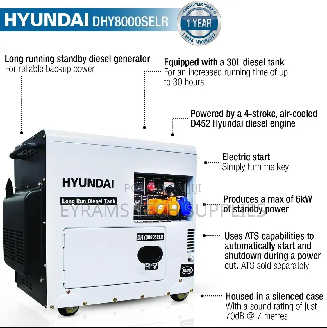 Hyundai Standby Diesel Generator 6kw 7.5kva Silenced
