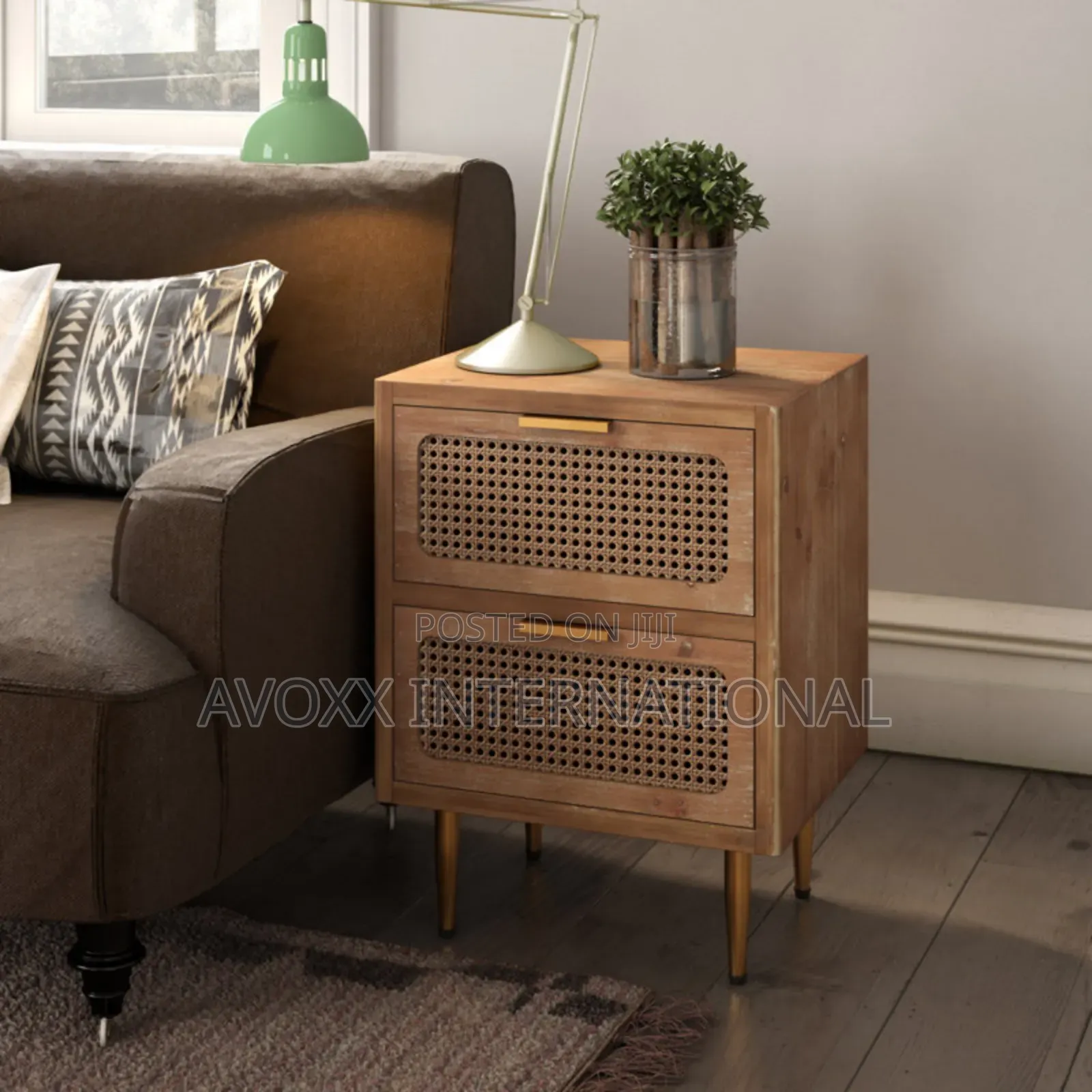 Nador Rustic Woven Fronts Nightstand, 2 Drawer End Table