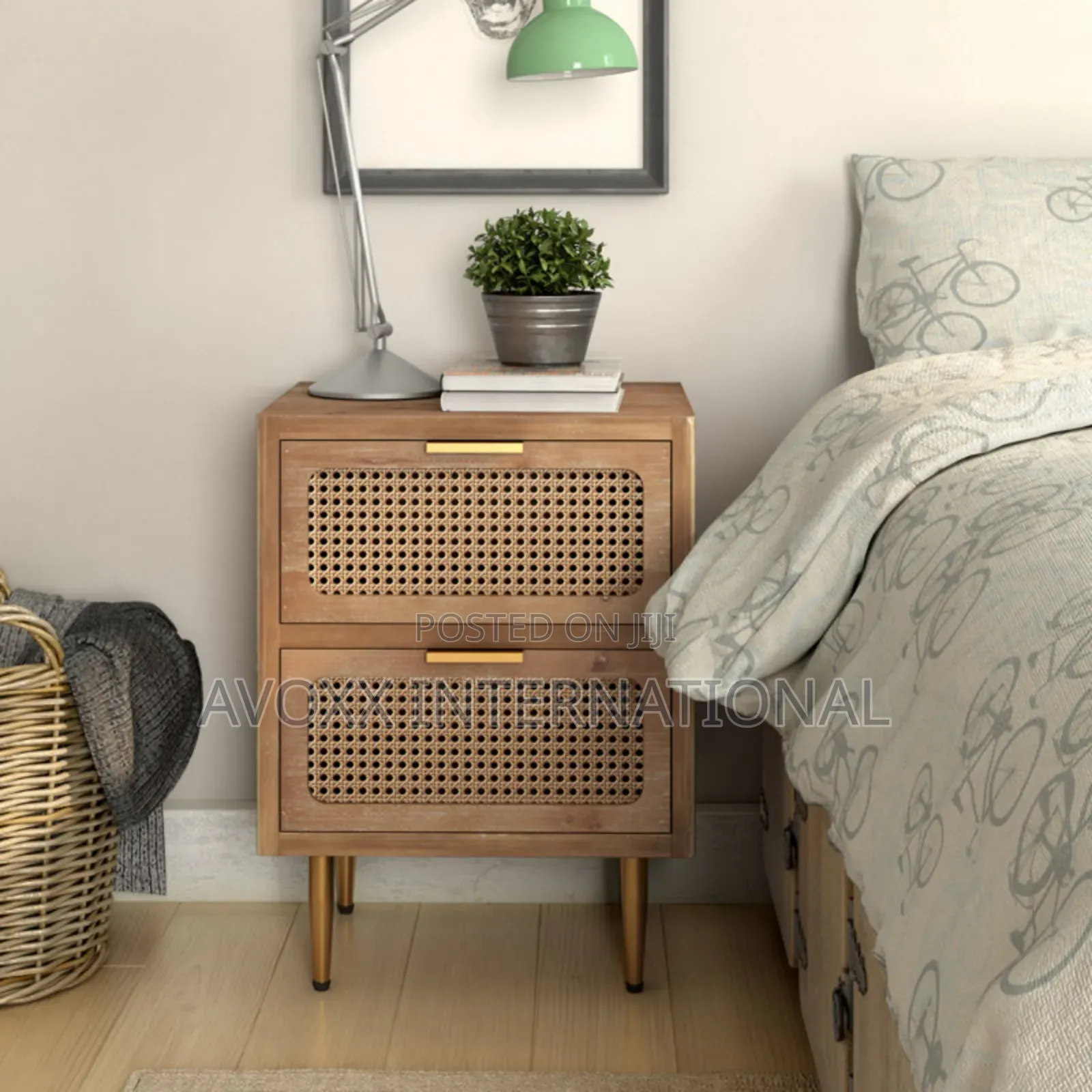 Nador Rustic Woven Fronts Nightstand, 2 Drawer End Table