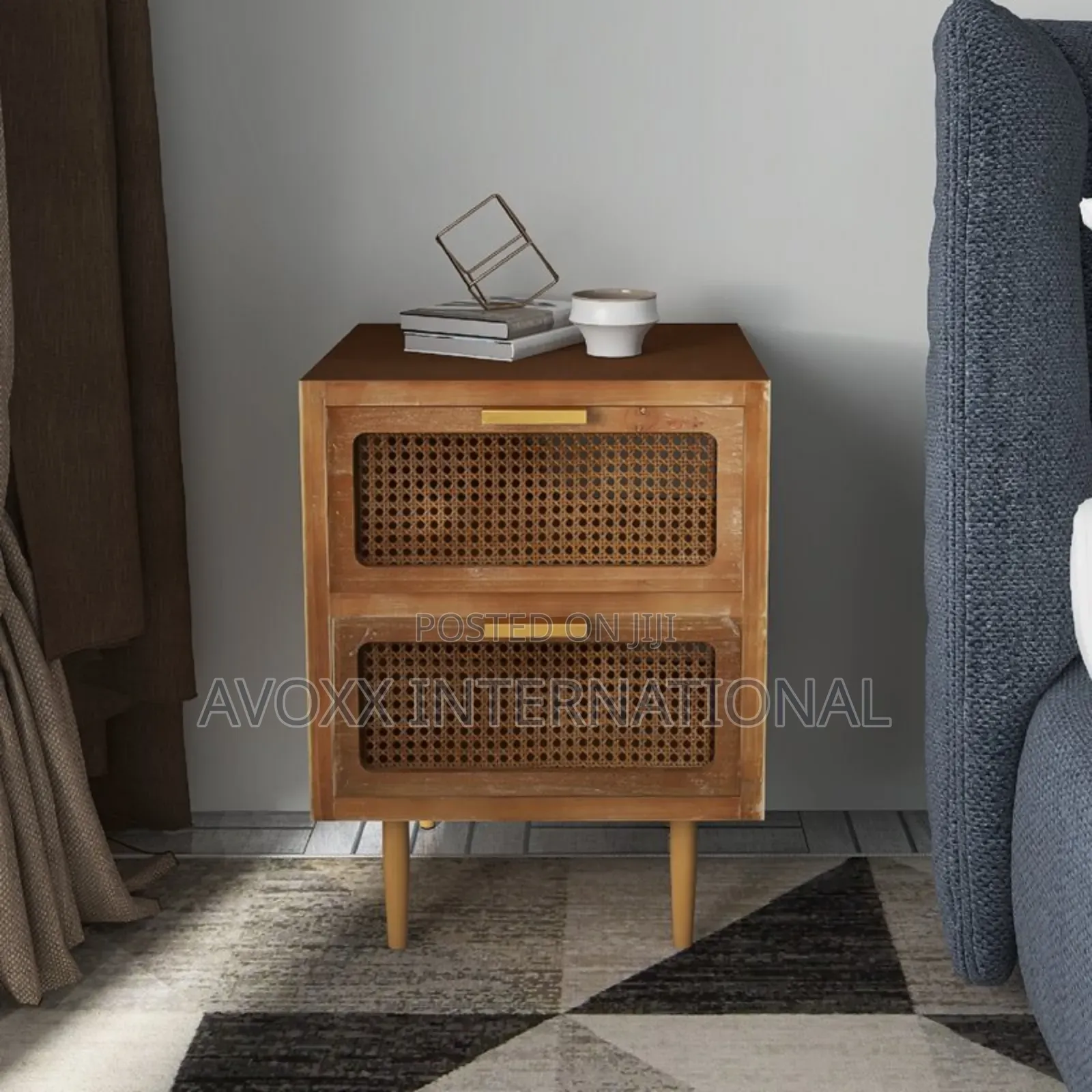 Nador Rustic Woven Fronts Nightstand, 2 Drawer End Table