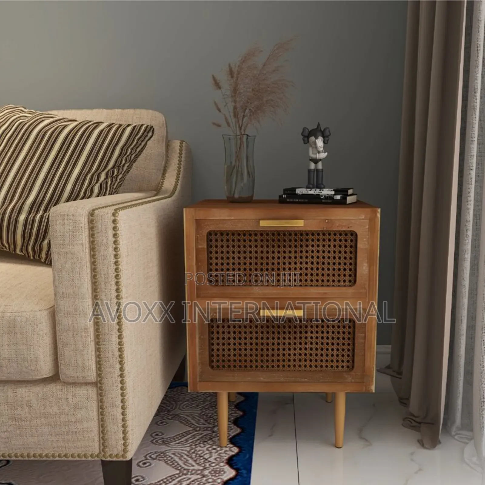 Nador Rustic Woven Fronts Nightstand, 2 Drawer End Table