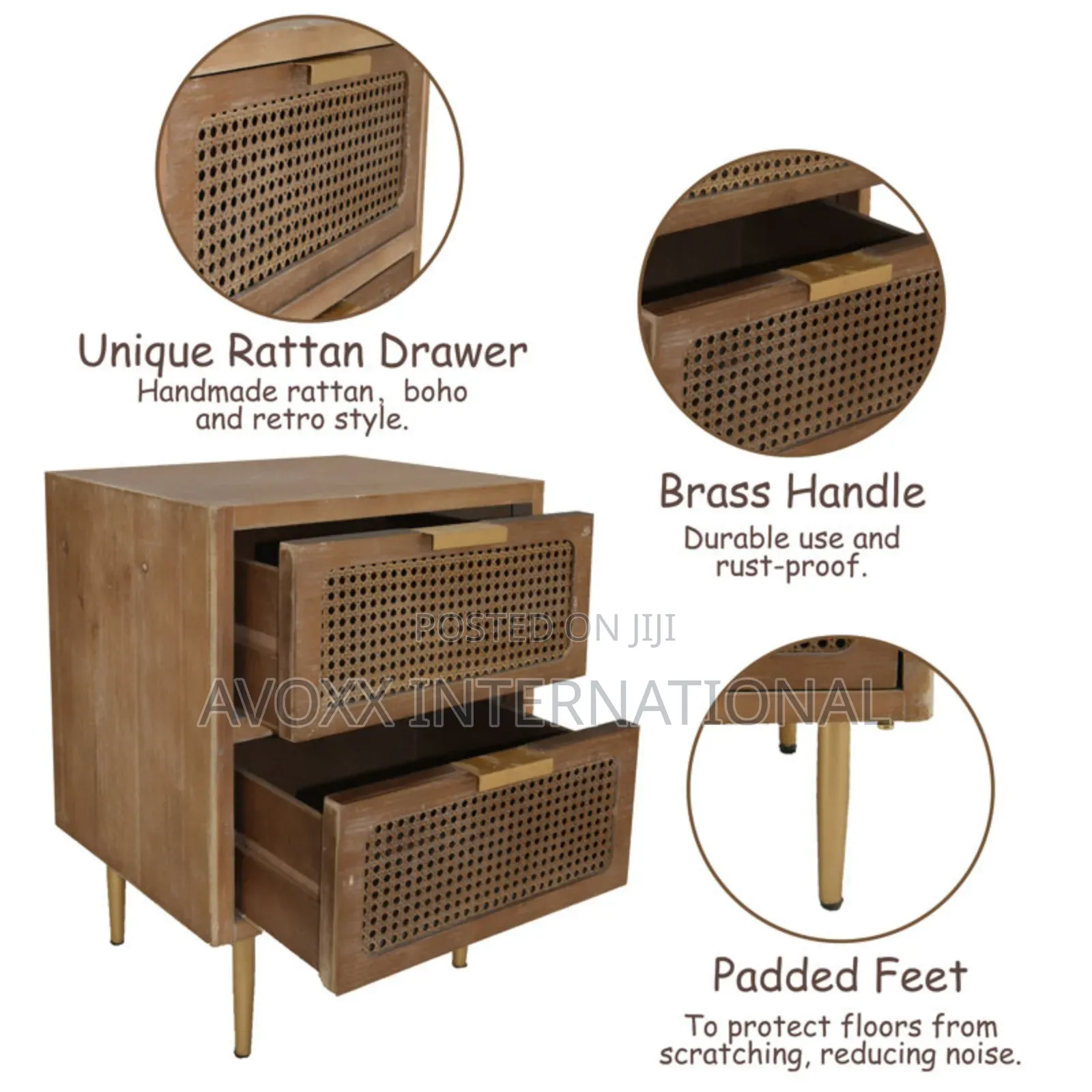 Nador Rustic Woven Fronts Nightstand, 2 Drawer End Table