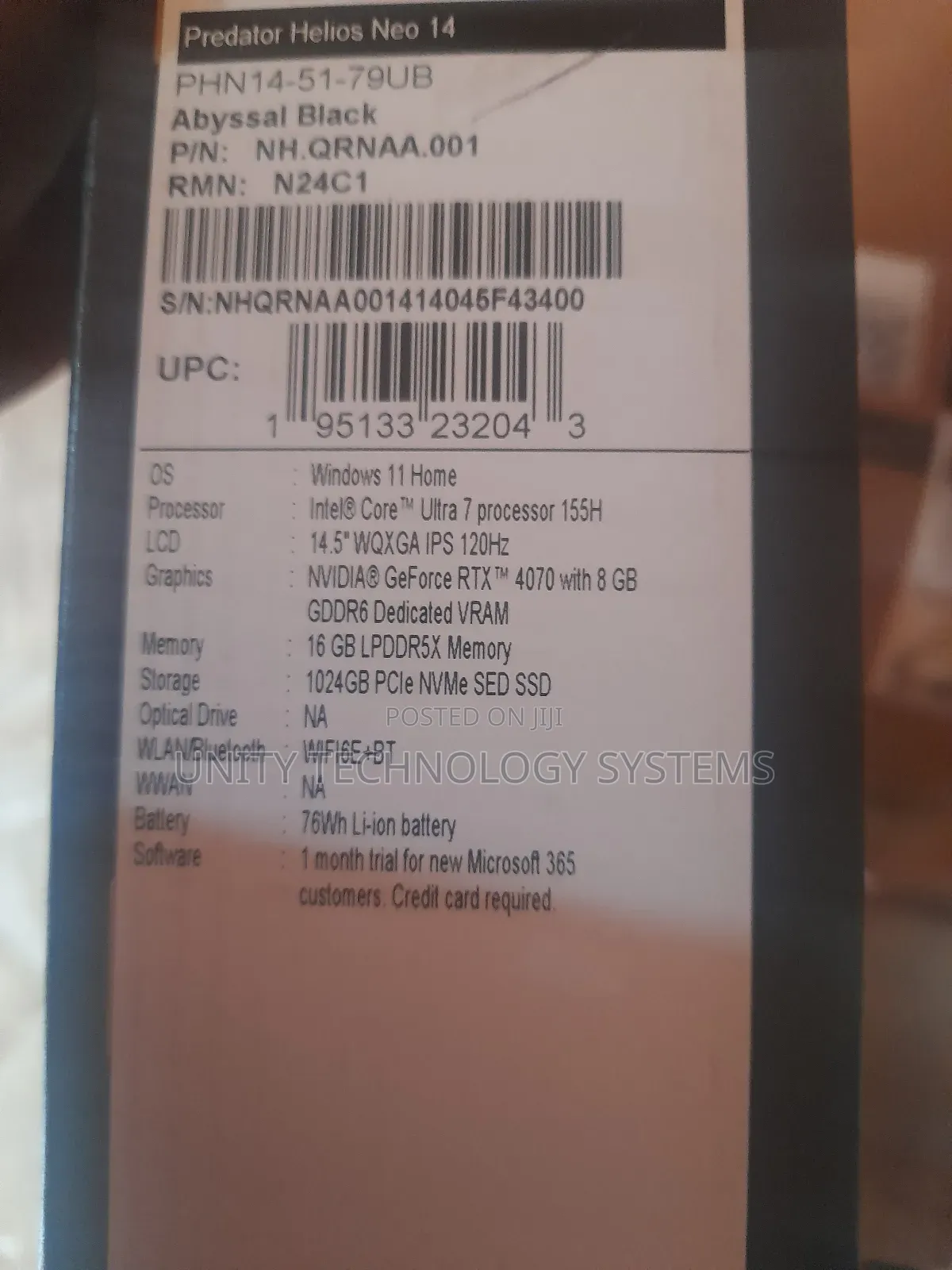 New Laptop Acer Predator Helios Neo 16 16GB Intel Core Ultra 7 SSD 1T