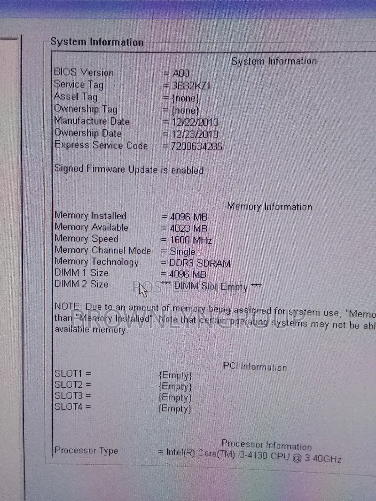 Desktop Computer Dell OptiPlex 3020 4GB Intel Core I3 HDD 1.5T