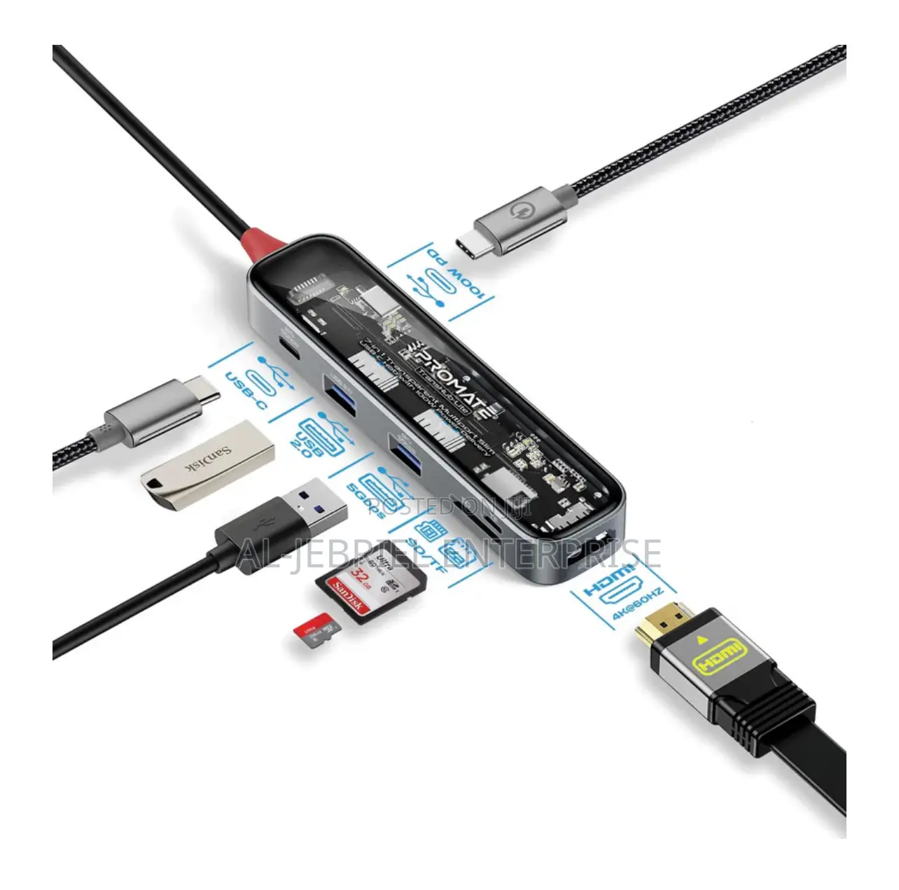 Transhublite Promate 7 N 1 USB-C Hub + 100W Power Delivery