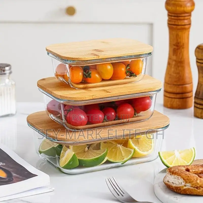 3 Set Borosilicate Glass Bowl With Bamboo Lid